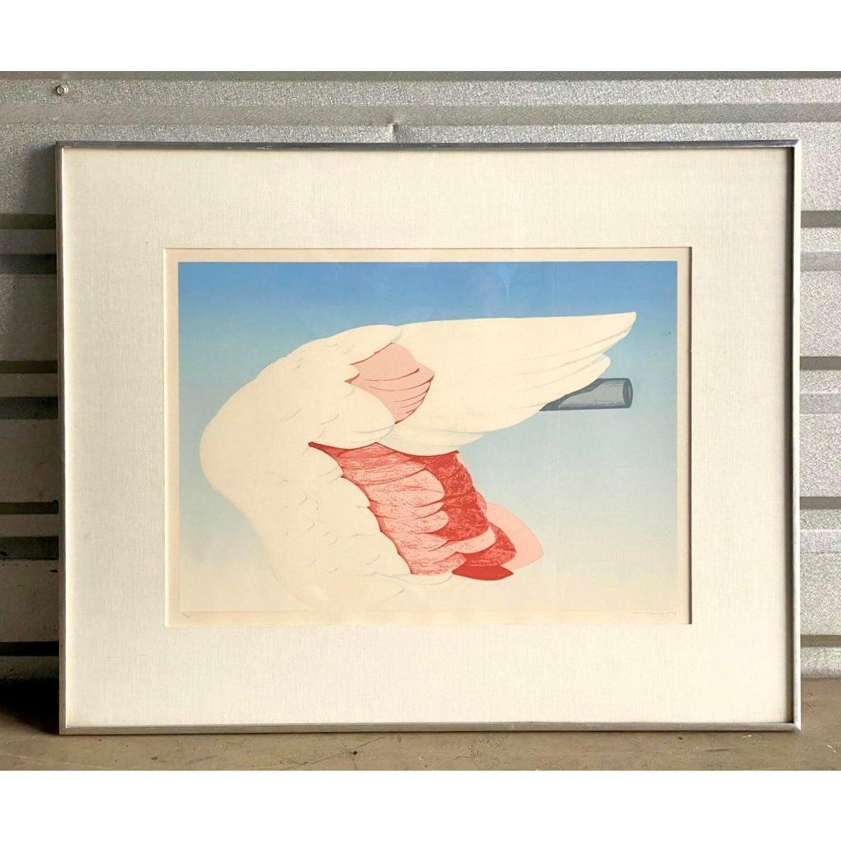 Fin du 20e siècle Vieille lithographie originale signée Boho représentant une aile de flamingo, 1972 en vente