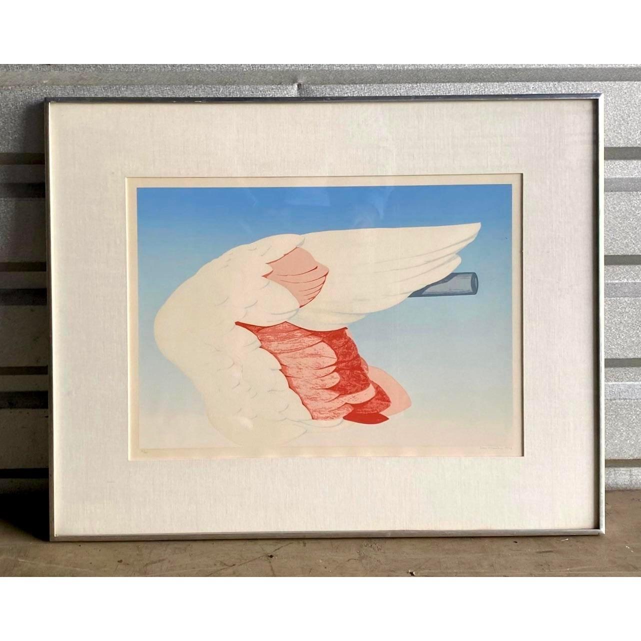 Metal Vintage Boho Signed Original 1972 Lithograph of Flamingo Wing For Sale
