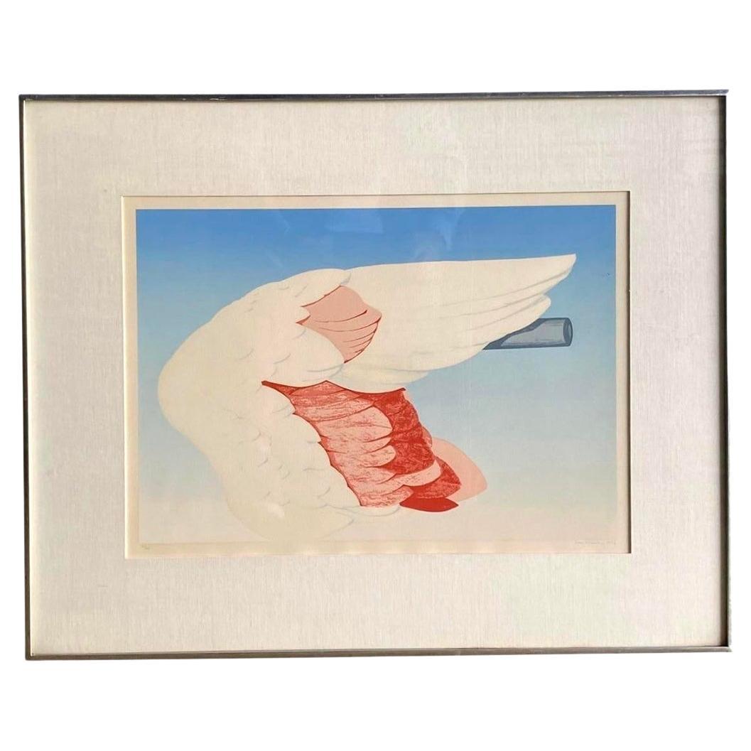 Vieille lithographie originale signée Boho représentant une aile de flamingo, 1972