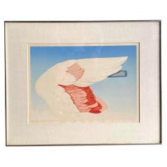 Vintage Boho Signed Original 1972 Lithograph of Flamingo Wing