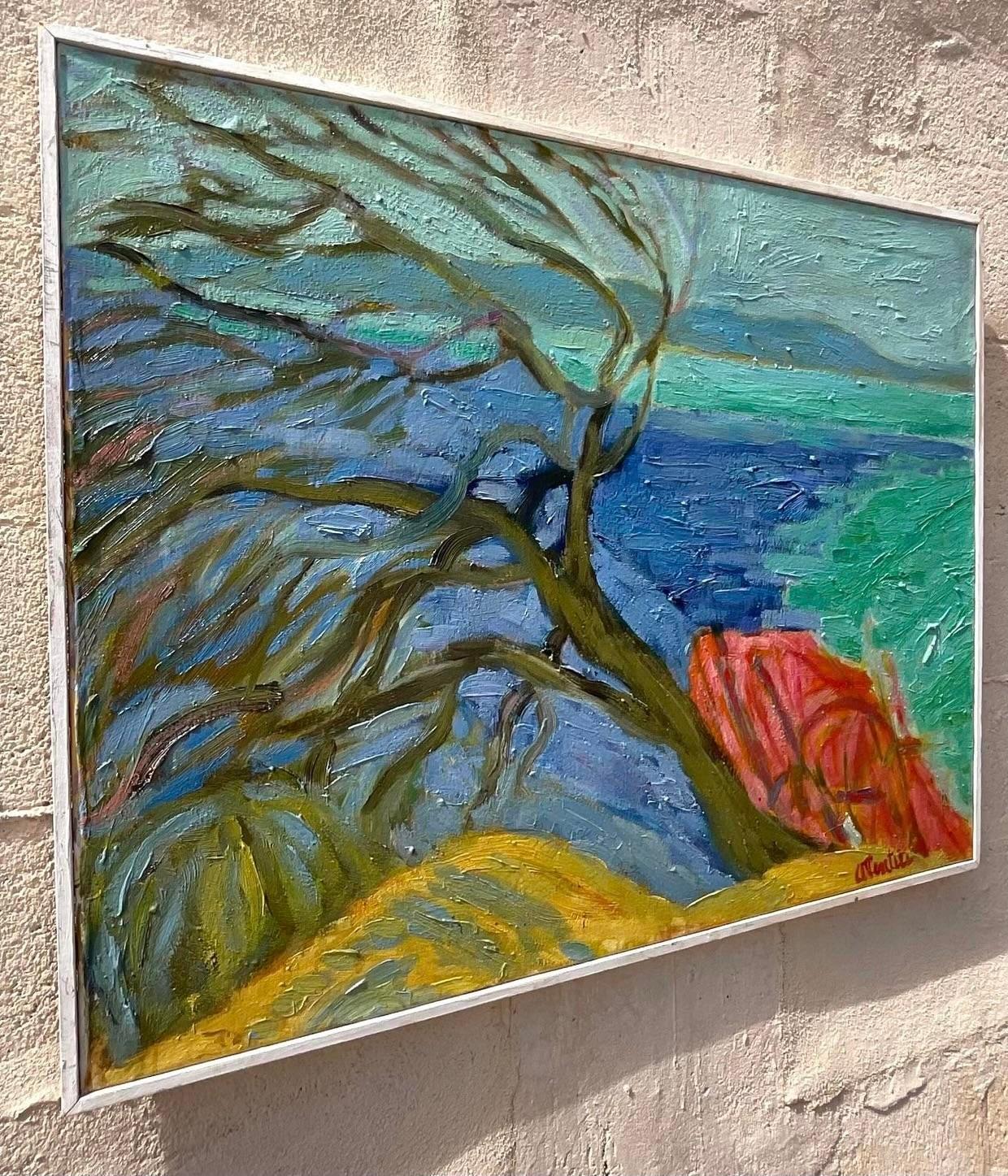 A fabulous vintage Boho original oil painting on canvas. A chic landscape composition in
a colorful Abstract Expressionist style. Signed by the artist. Acquired from a Palm Beach estate.