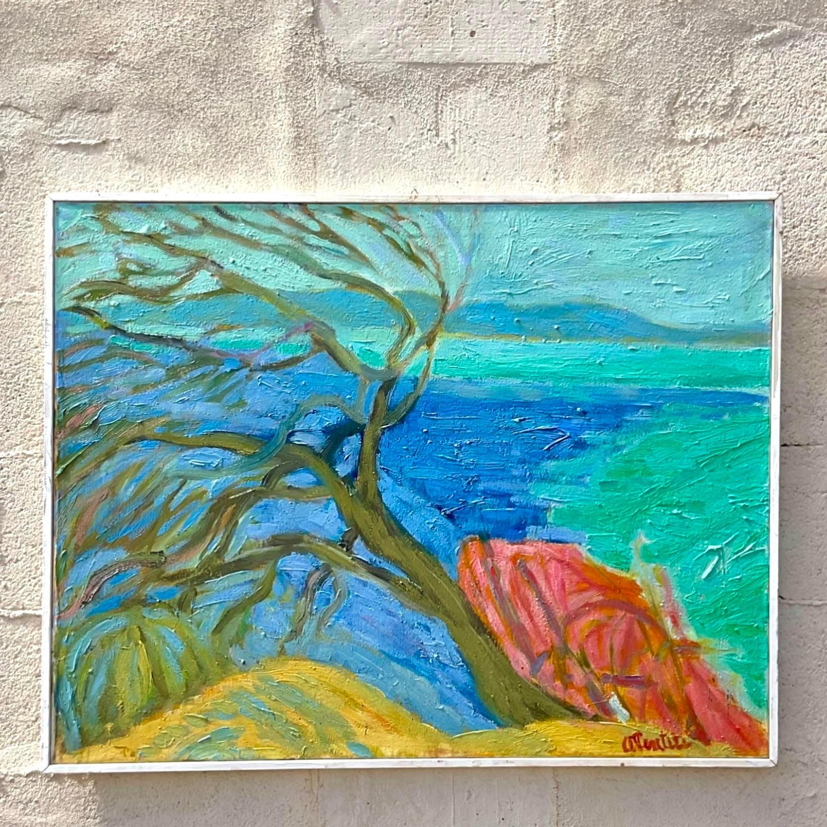 Vintage Boho Signed Original Abstract Expressionist Landscape Oil on Canvas In Good Condition For Sale In west palm beach, FL