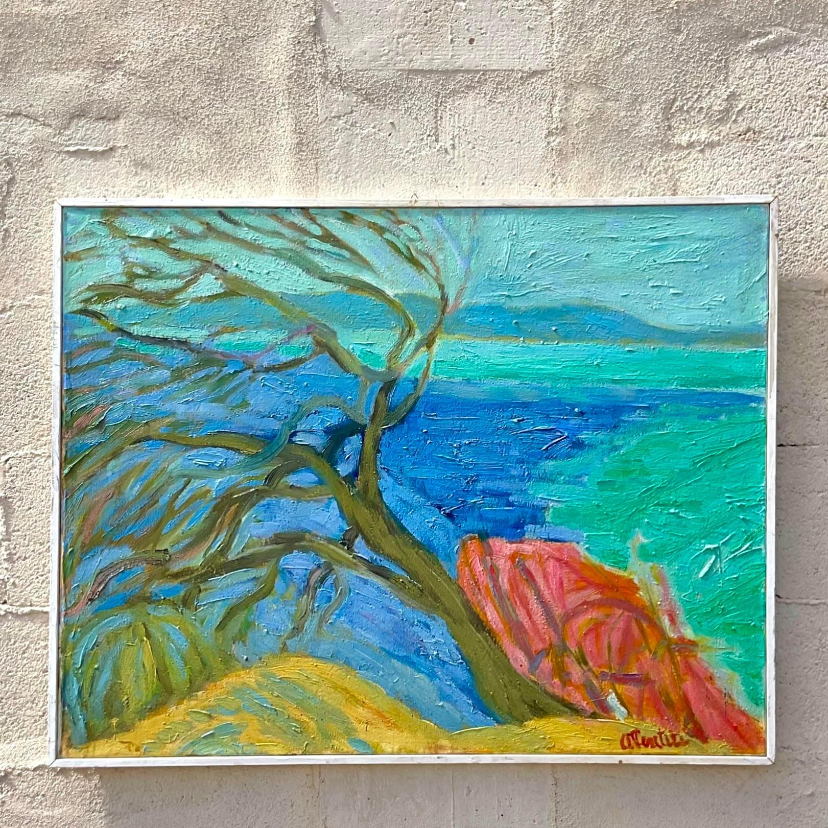 20th Century Vintage Boho Signed Original Abstract Expressionist Landscape Oil on Canvas For Sale