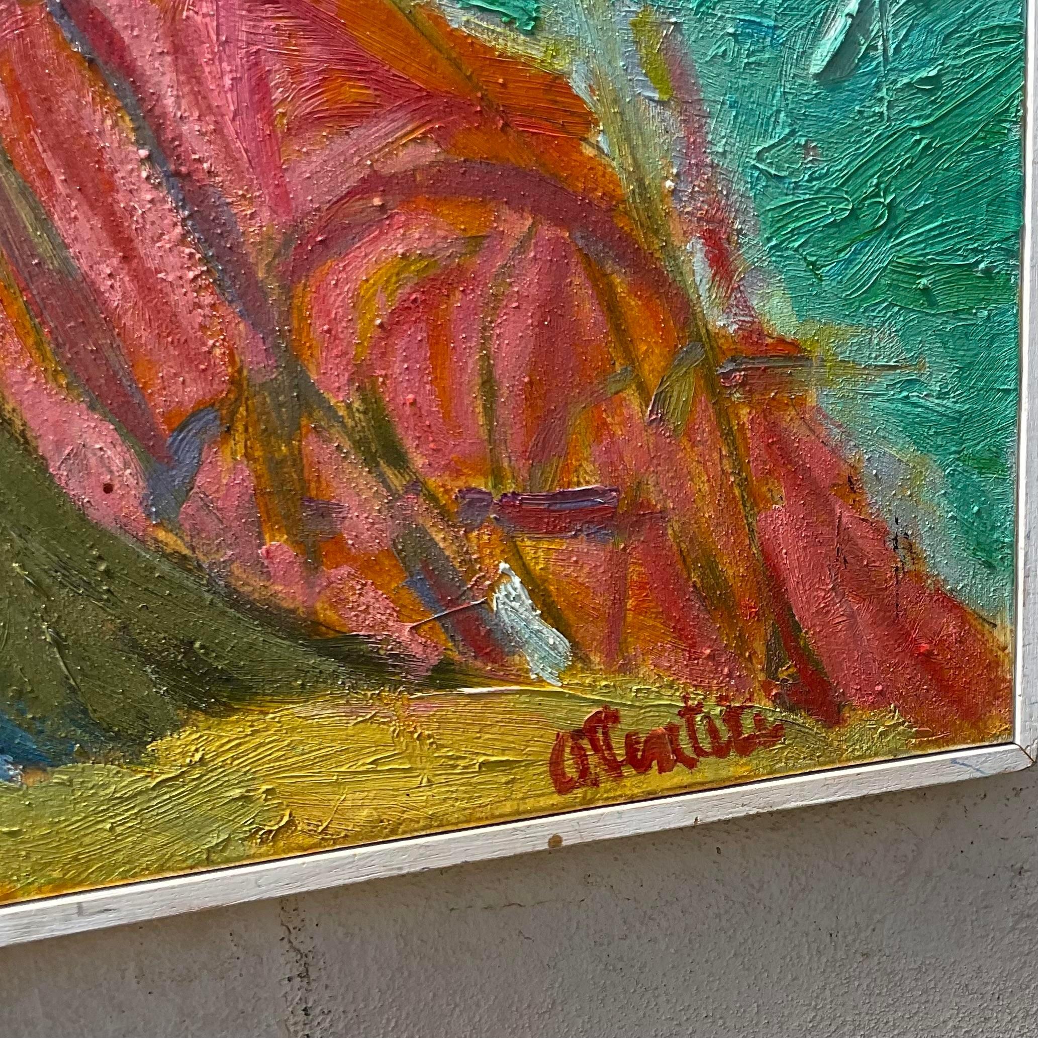 Vintage Boho Signed Original Abstract Expressionist Landscape Oil on Canvas For Sale 1