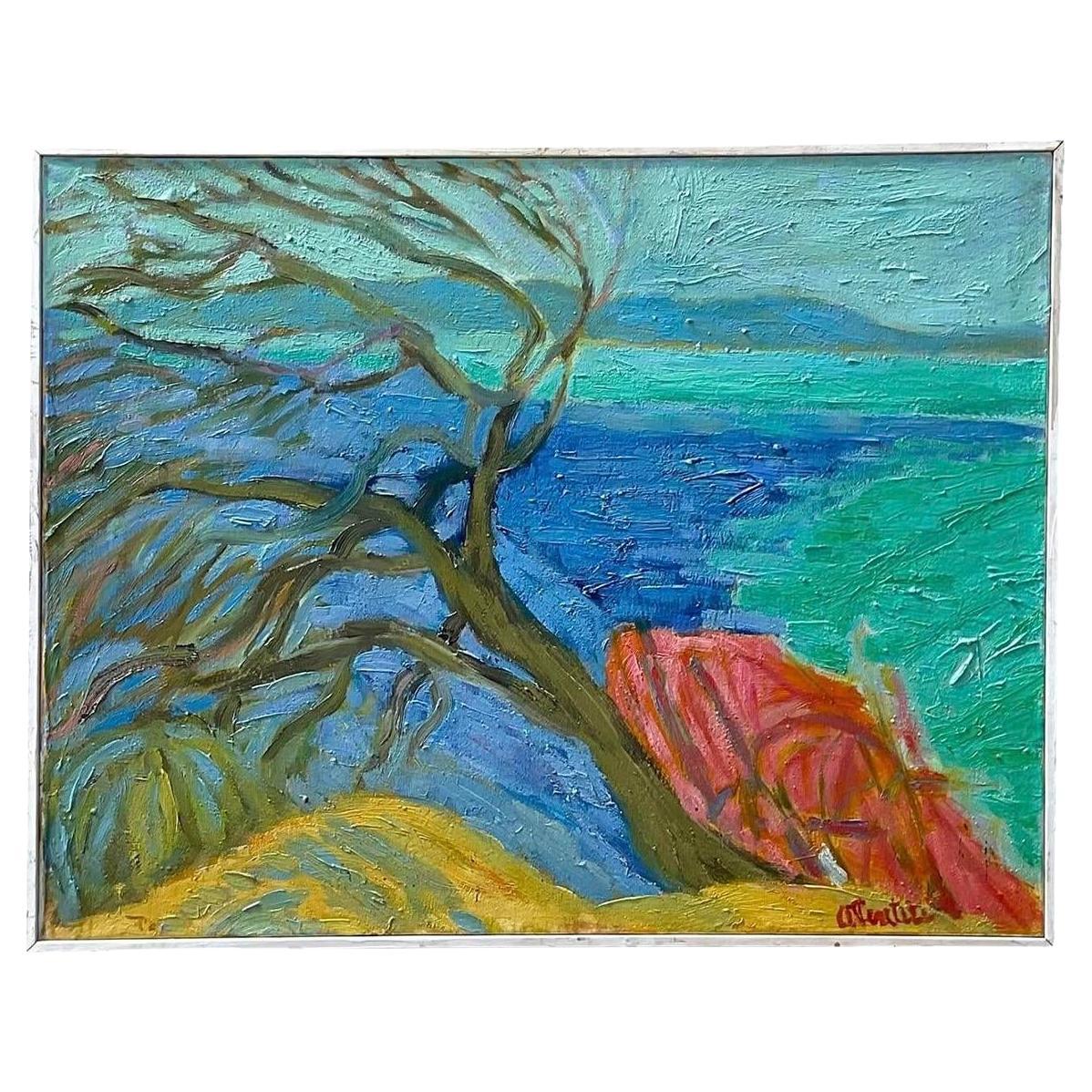 Vintage Boho Signed Original Abstract Expressionist Landscape Oil on Canvas For Sale