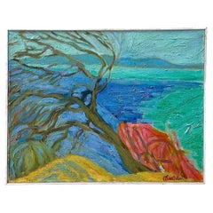Vintage Boho, signierte Original abstrakte expressionistische Landschaft, Öl auf Leinwand, Vintage