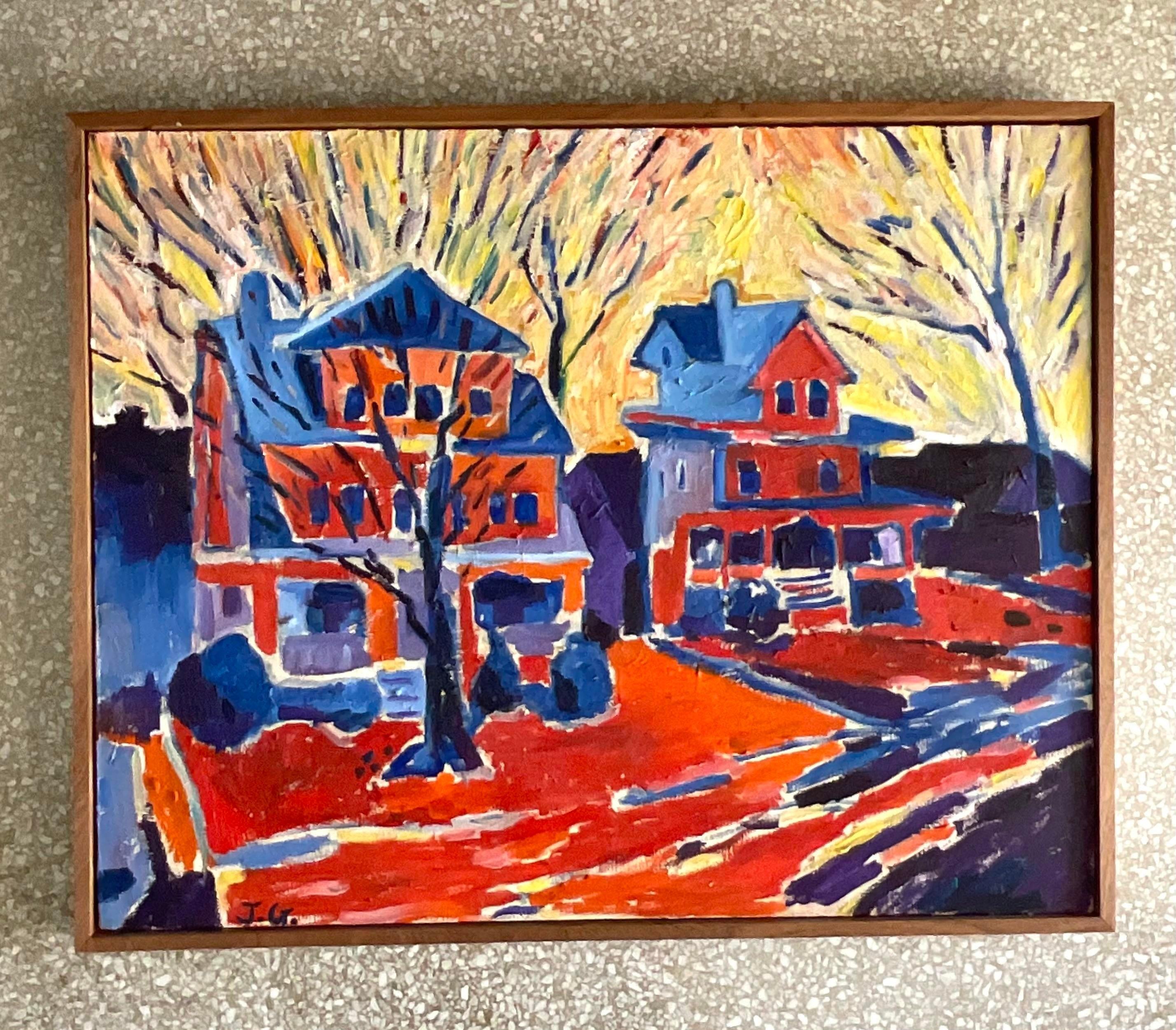 A fantastic vintage Boho original oil painting on canvas. A chic Abstract Expressionist composition in radiant colors. A brilliant work. Acquired from a NJ estate.