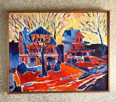 Peinture à l'huile sur toile expressionniste abstraite originale vintage signée Boho