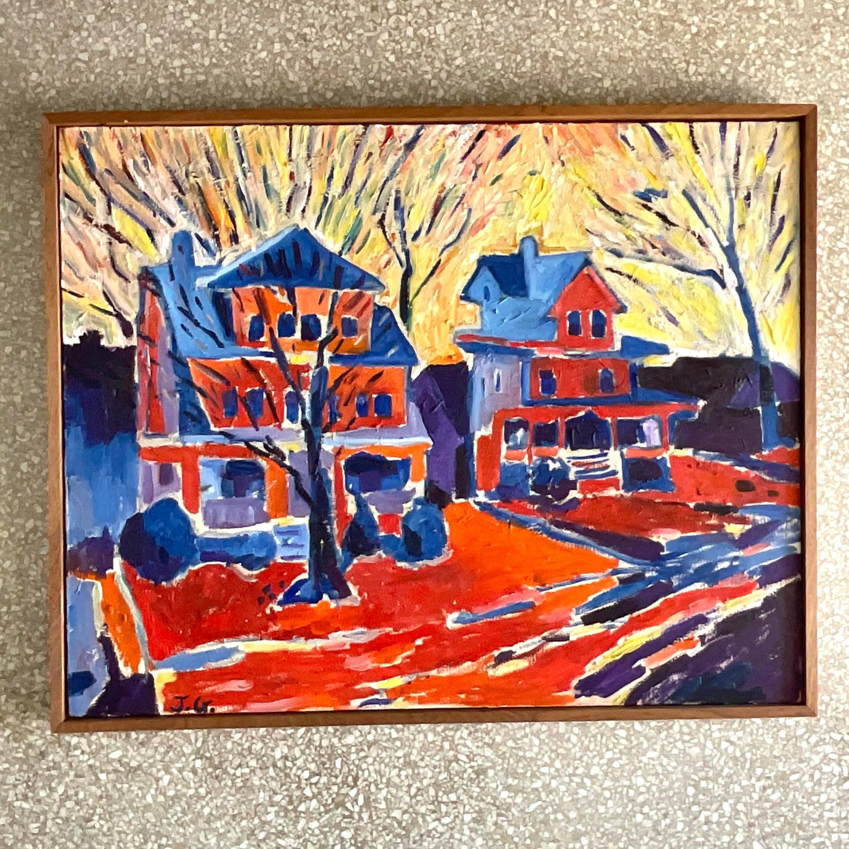 Vintage Boho Signed Original Abstract Expressionist Oil Painting on Canvas In Good Condition For Sale In west palm beach, FL
