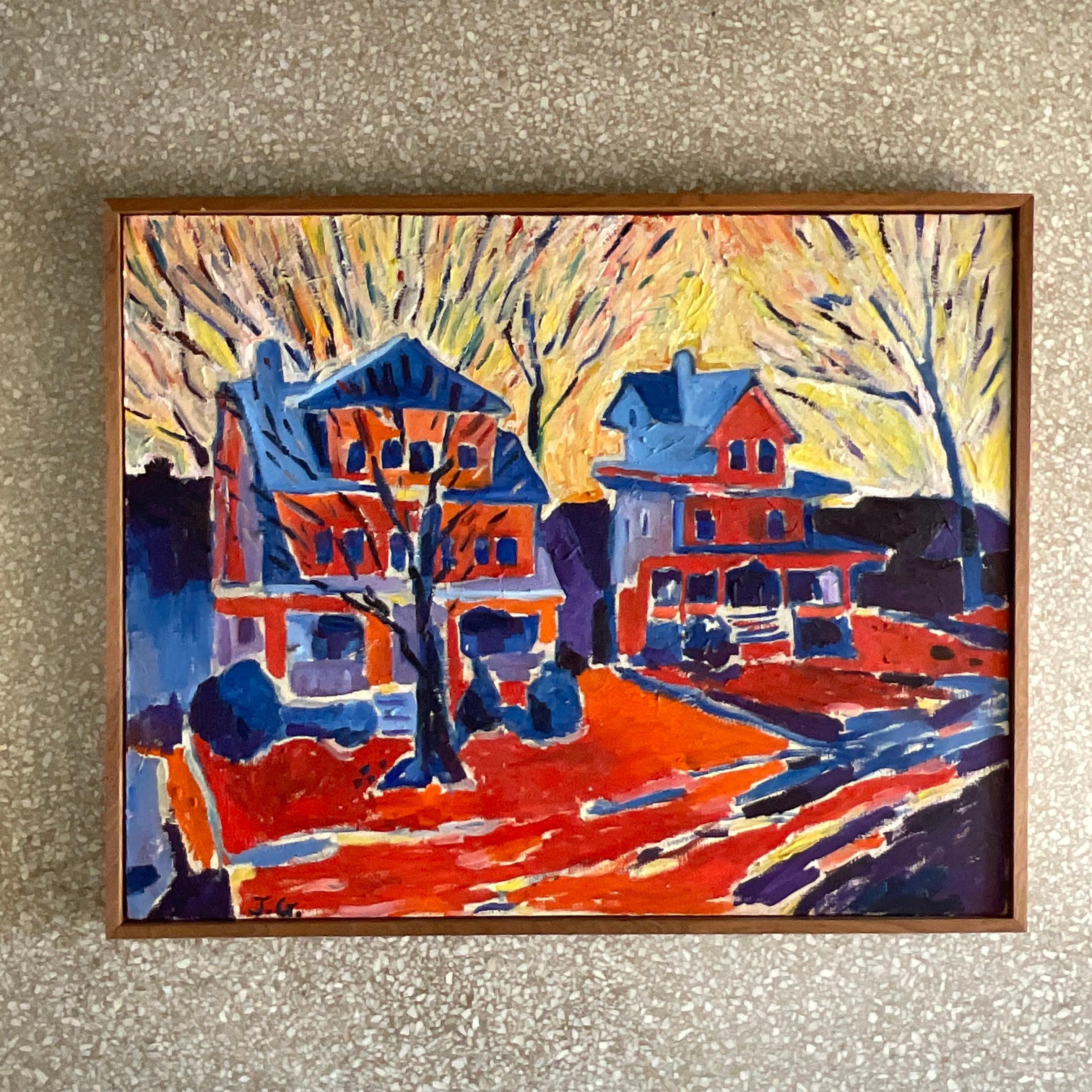 20th Century Vintage Boho Signed Original Abstract Expressionist Oil Painting on Canvas For Sale
