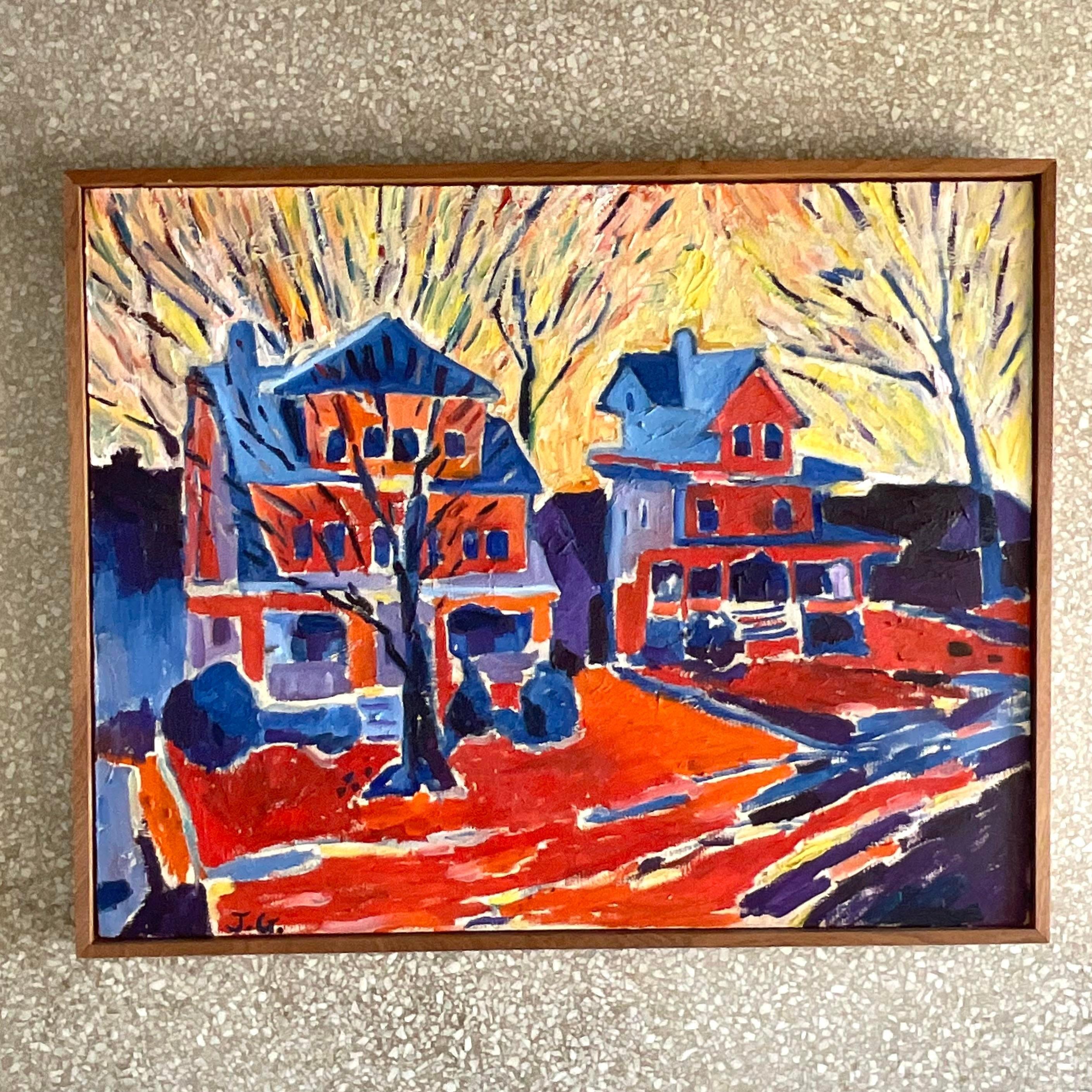 Vintage Boho Signed Original Abstract Expressionist Oil Painting on Canvas For Sale 1