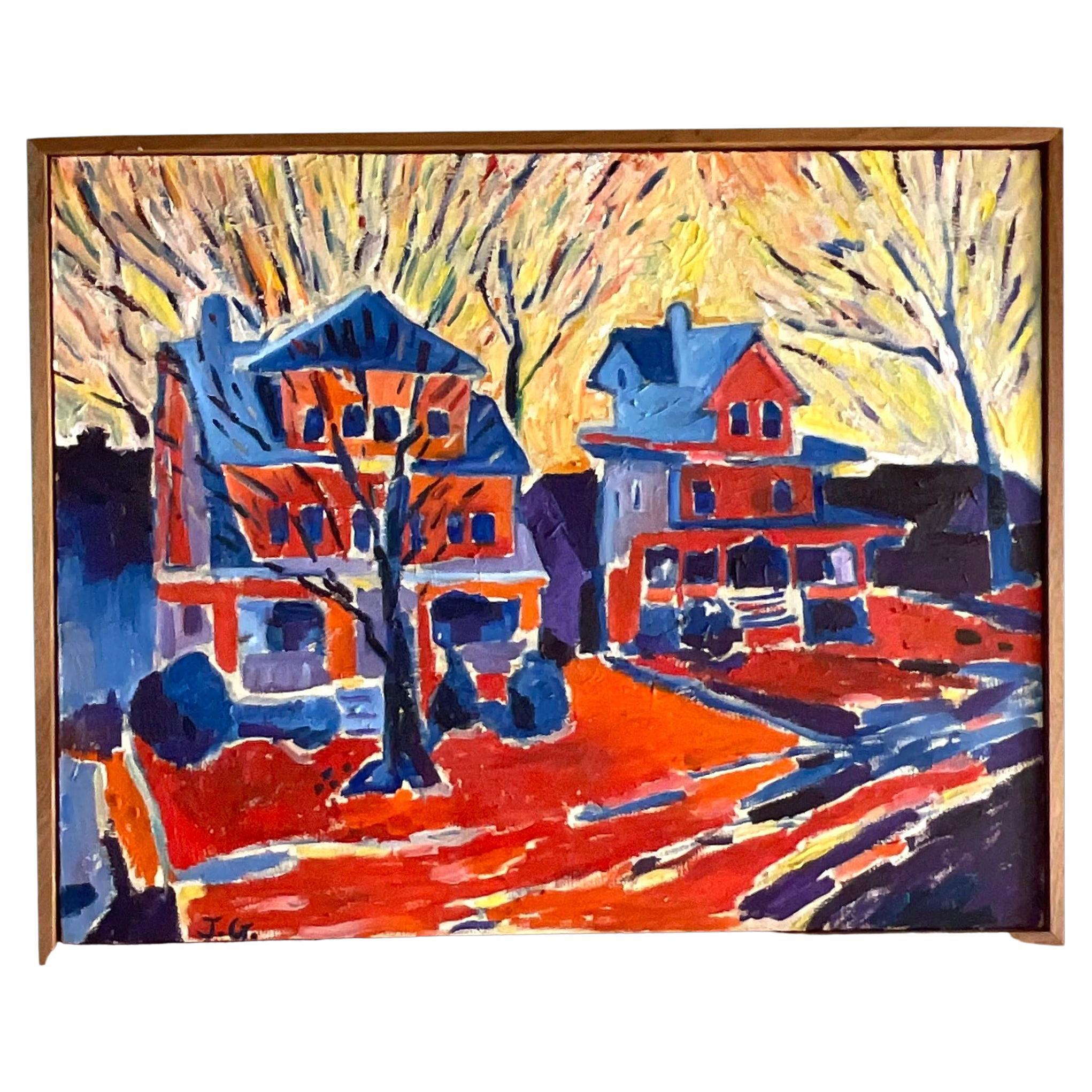 Pittura a olio su tela originale espressionista astratta vintage firmata Boho