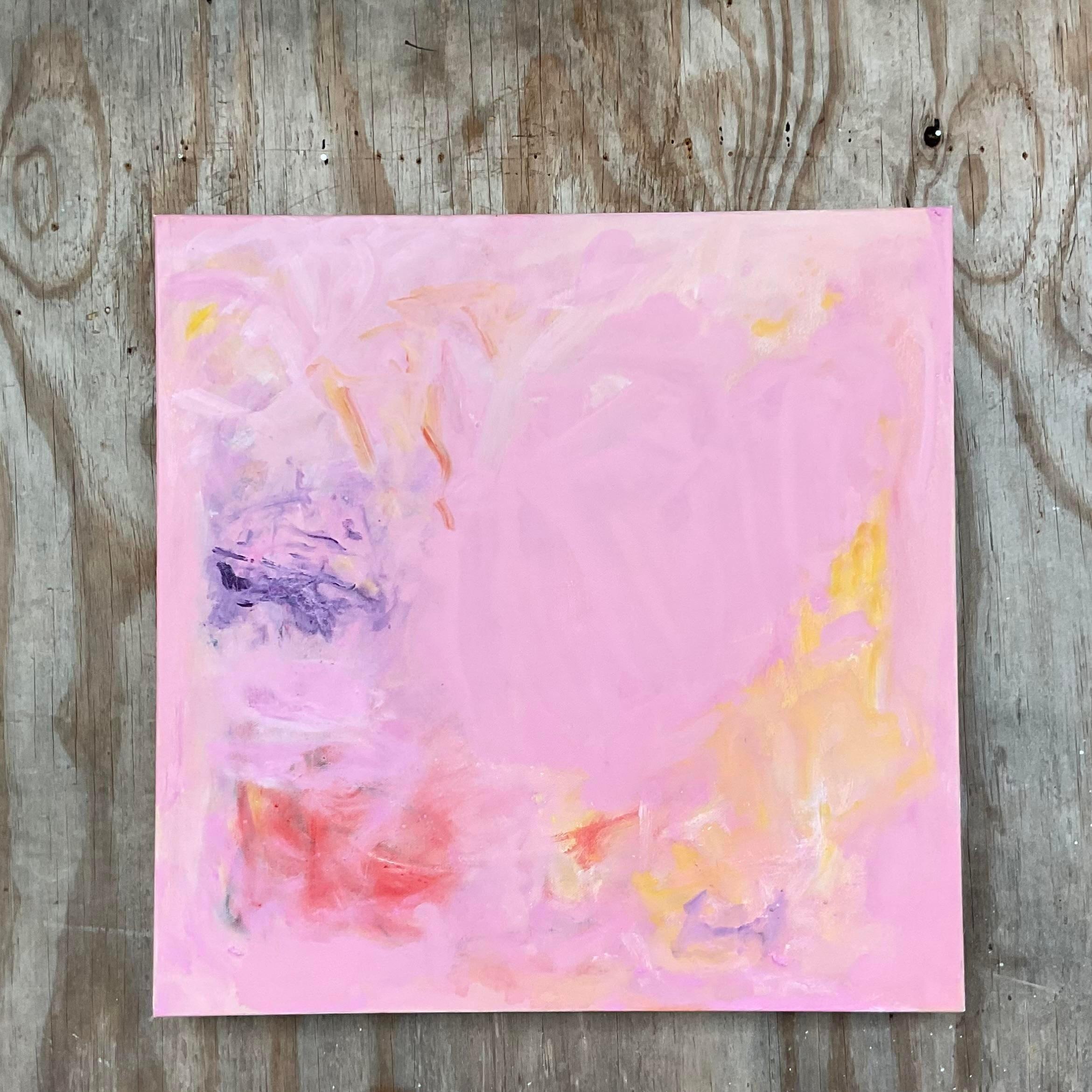 A fabulous vintage Boho original oil on canvas. A chic Abstract composition in brilliant clear colors. Titled “Cherry Blossom” and signed by the artist Schwartz. Acquired from a Palm Beach estate.