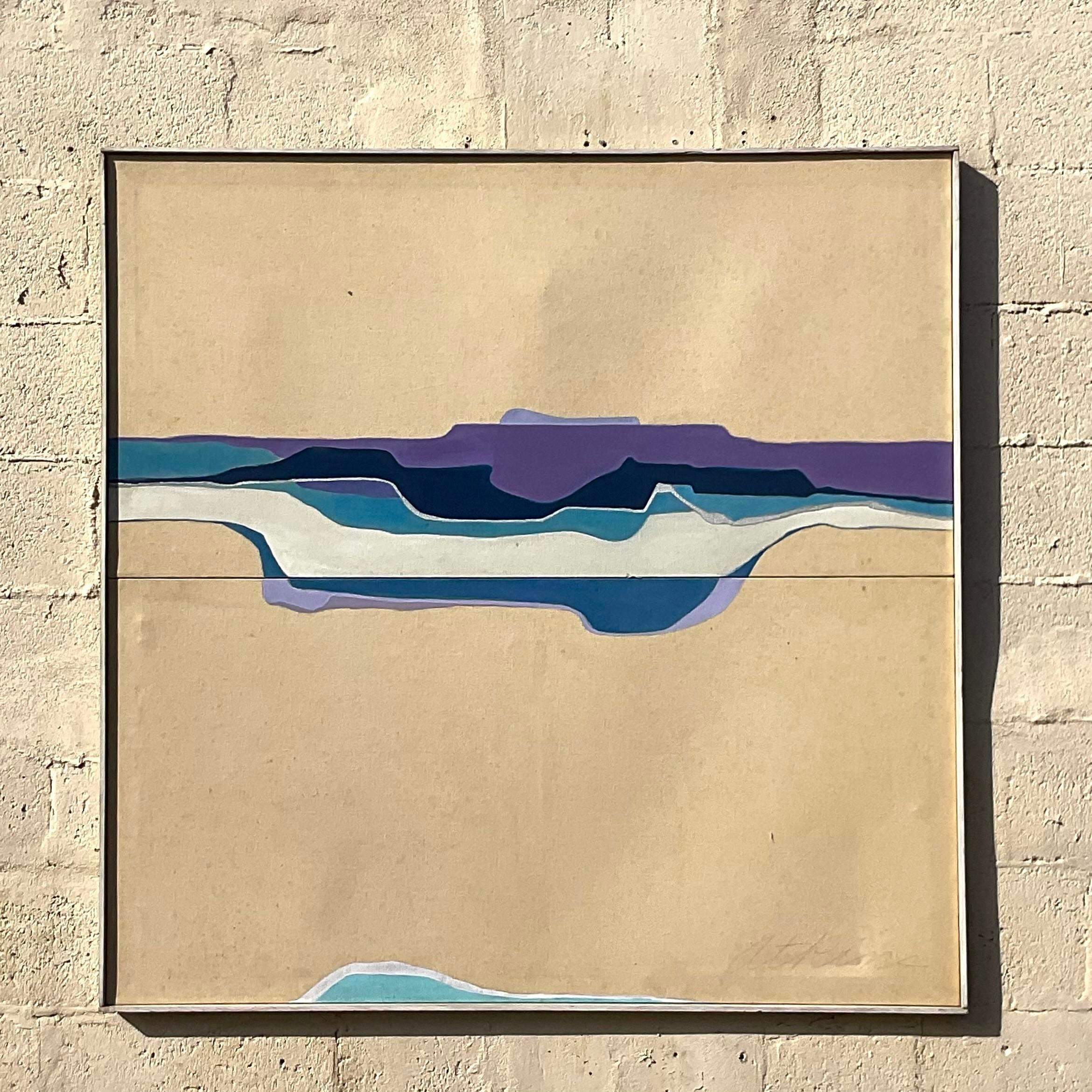 Vintage abstract painting that uses soft earth tones and aquatic colors to create a minimalist addition to a home. A combination of hard lines and soft curves. Acquired from a Palm Beach estate. 