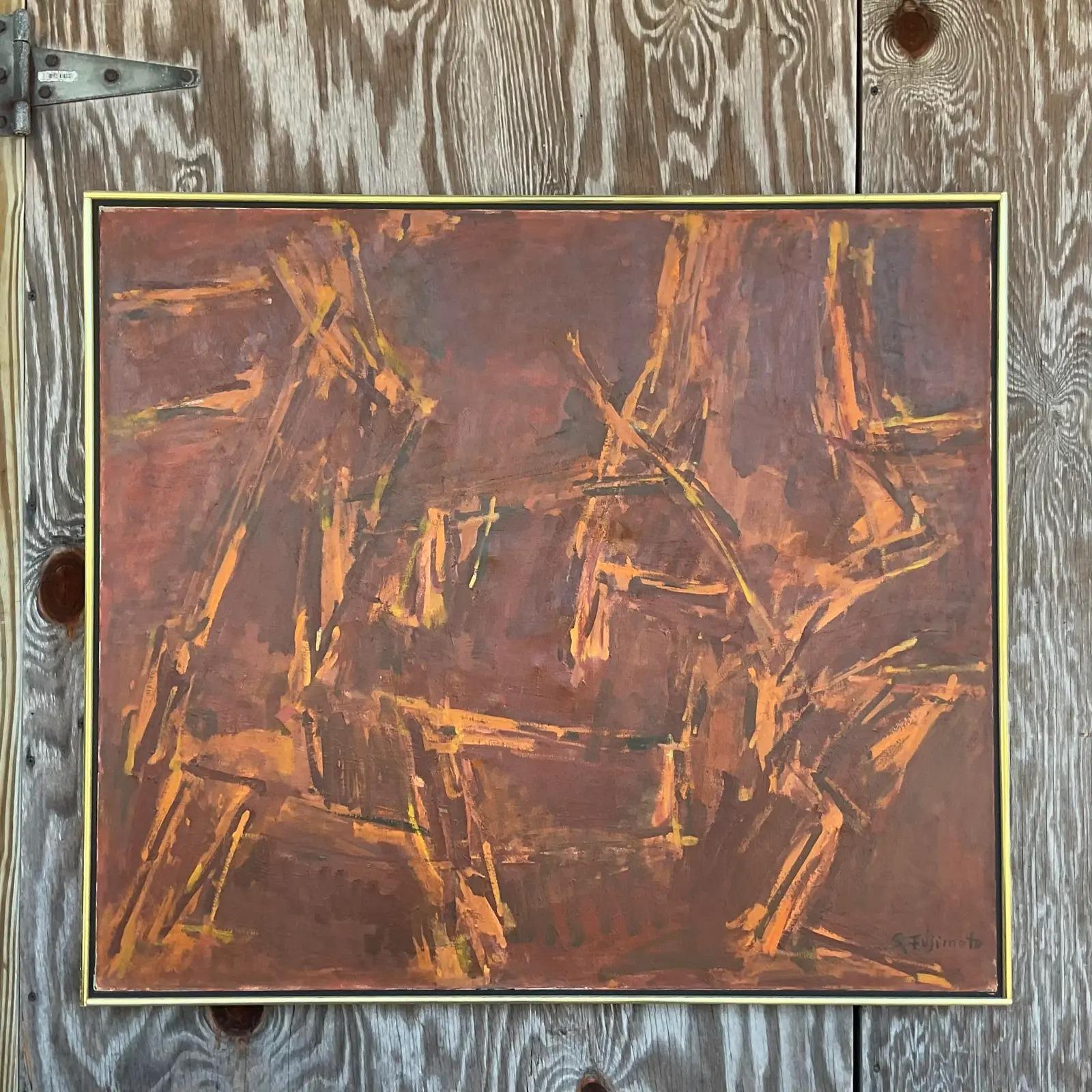 An amazing vintage Abstract original oil painting. Signed by the artist. A beautiful composition with lots of energy and great warm colors. Acquired from a Palm Beach estate.