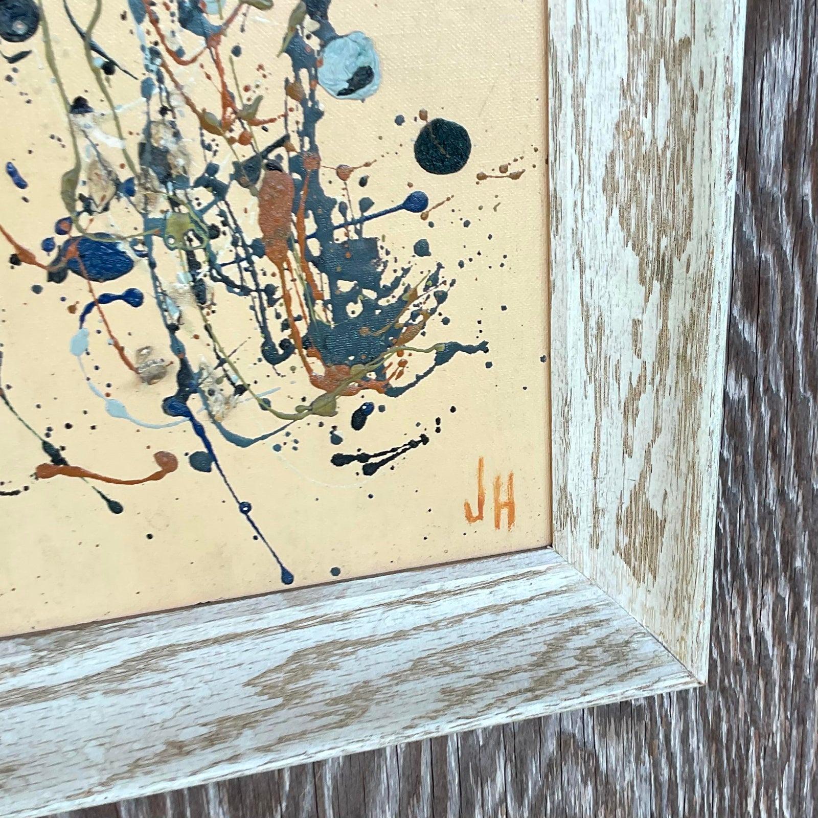 Eine fabelhafte Vintage Original Ölgemälde auf dem Brett. Eine schicke abstrakte Komposition im Stil von Jackson Pollack. Gerahmt in cerused oak und vom Künstler signiert. Erworben aus einem Nachlass in Palm Beach. 