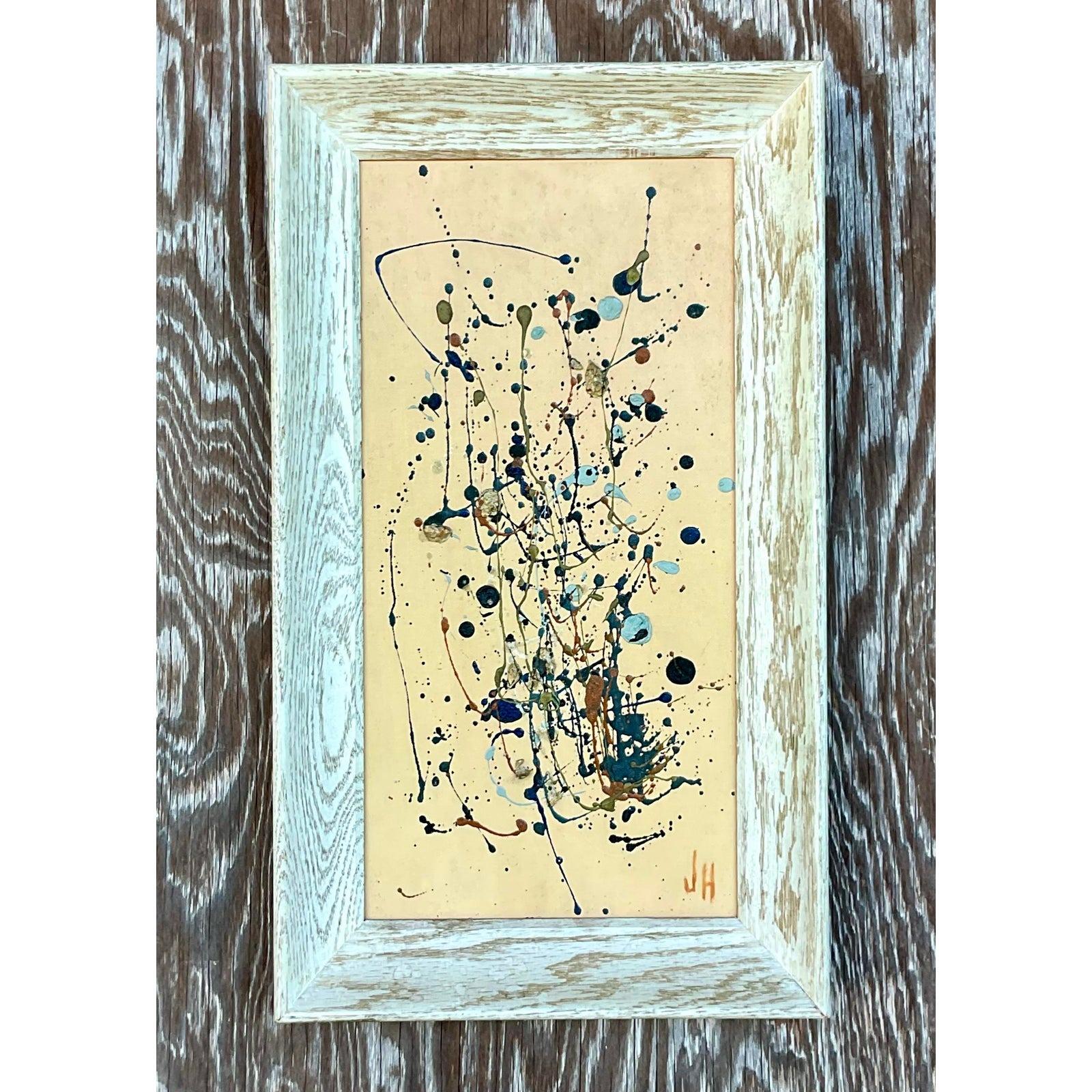 Vintage Boho Signed Original Abstract Oil Painting on Board In Good Condition For Sale In west palm beach, FL