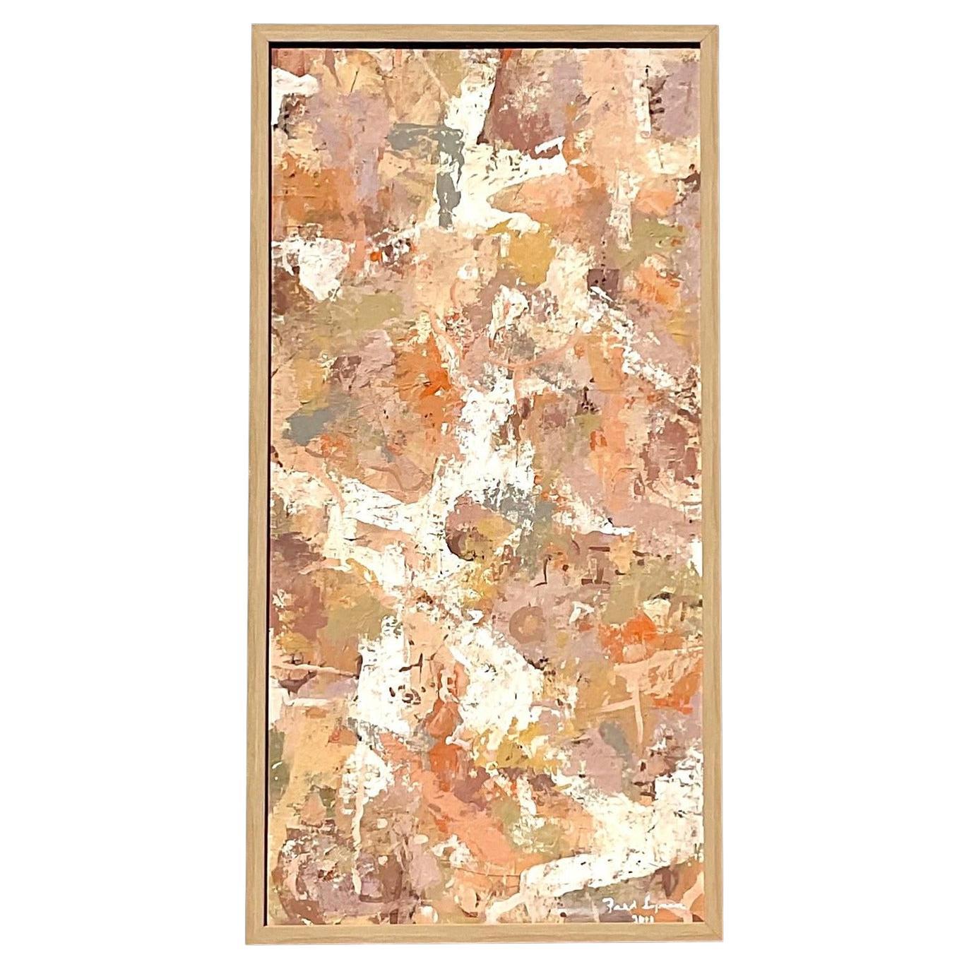 Pittura ad olio astratta su tela vintage firmata Boho originale