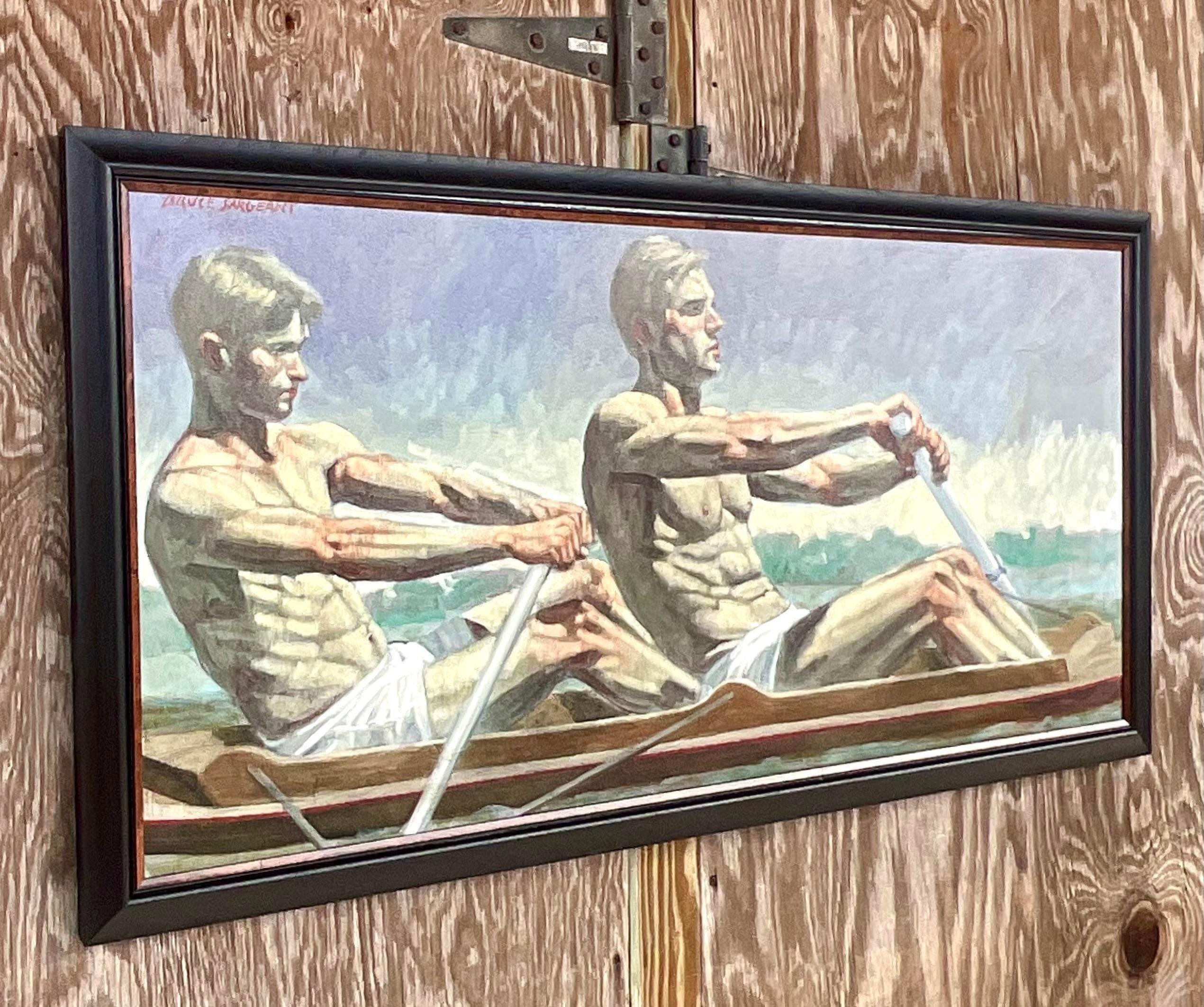 An extraordinary vintage Boho original oil painting on canvas. Done by the coveted Mark Beard under the alias Bruce Sargent. A figurative composition of two young men rowing. Acquired from a Palm Beach collector.