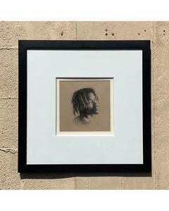 Vintage Boho Signed Original Charcoal Sketch of Young Man