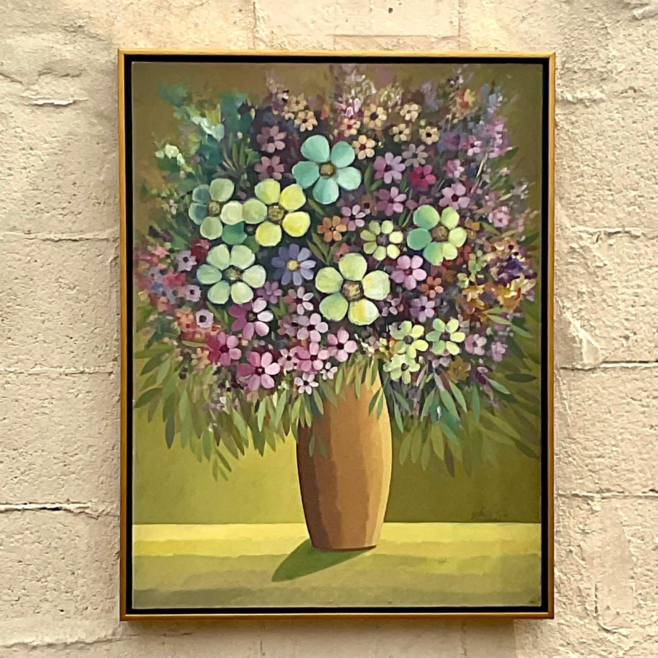 Peinture à l'huile originale à fleurs sur toile vintage signée Boho en vente 4