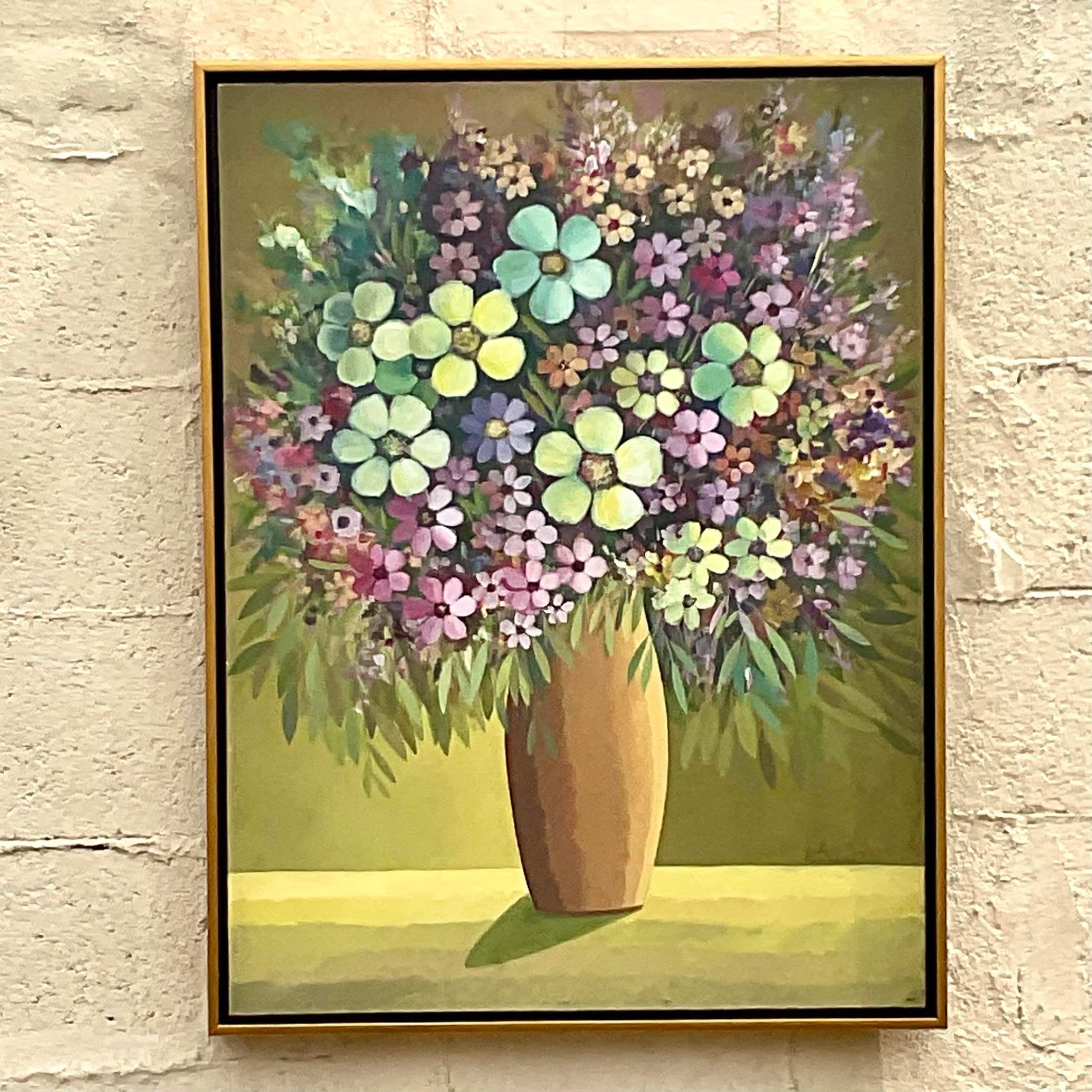 An extraordinary vintage original oil painting on canvas. A brilliant floral composition with a distinctive style. Signed by the artist. Newly framed. Acquired from a Palm Beach estate.