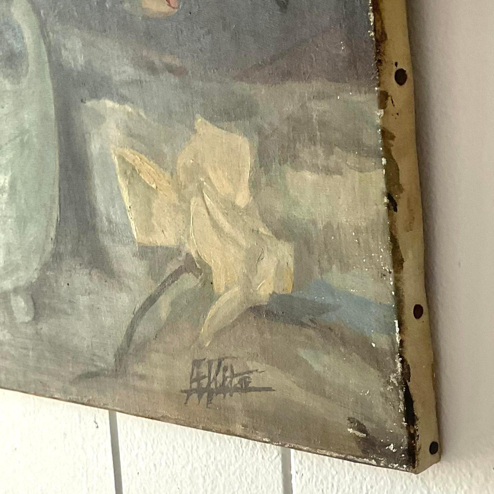A fabulous vintage Boho original oil painting. A chic floral composition done in the period style. An all over patina from time give this piece an extra romantic feel. Just add your favorite vintage frame to complete the look. Signed by the artist.