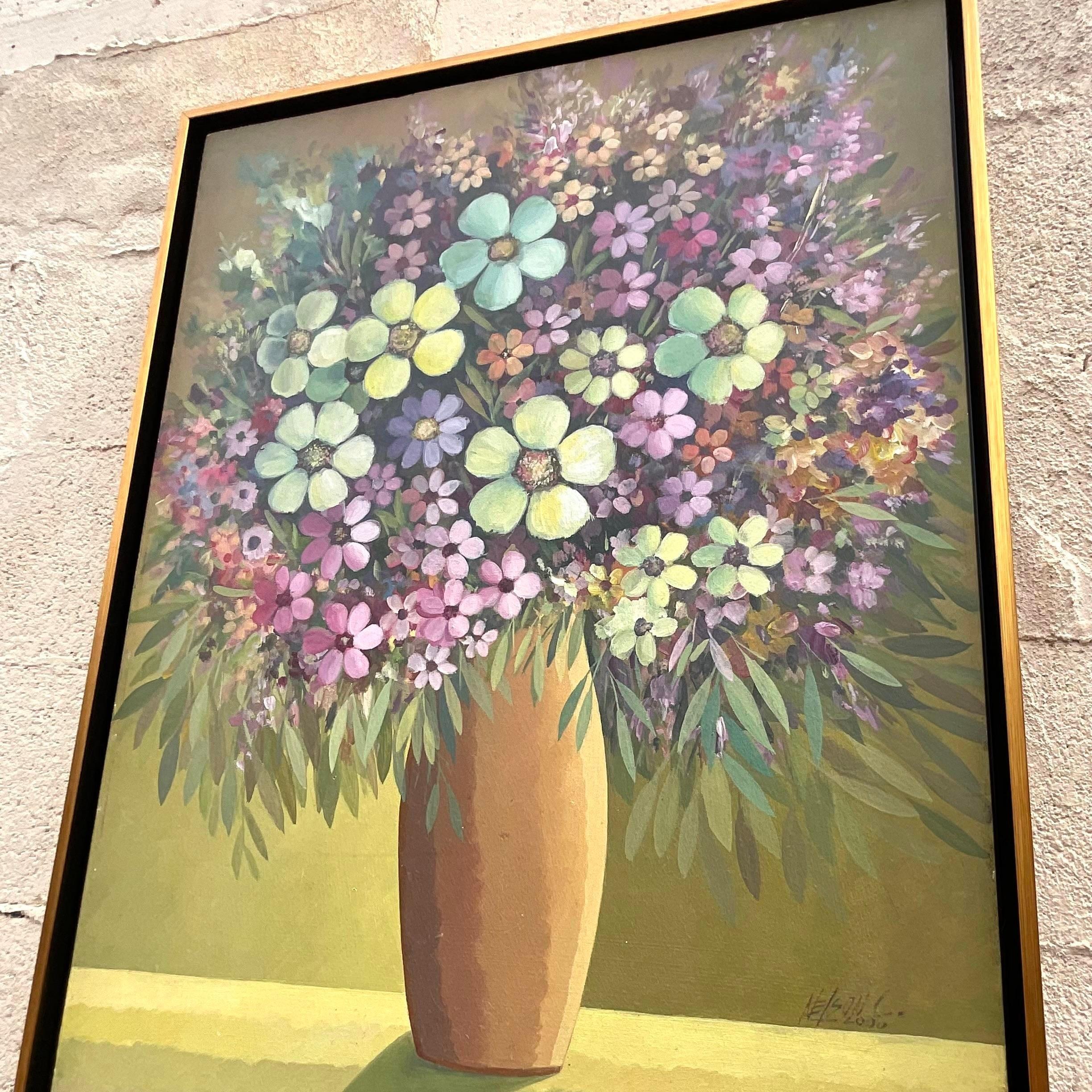 Américain Peinture à l'huile originale à fleurs sur toile vintage signée Boho en vente