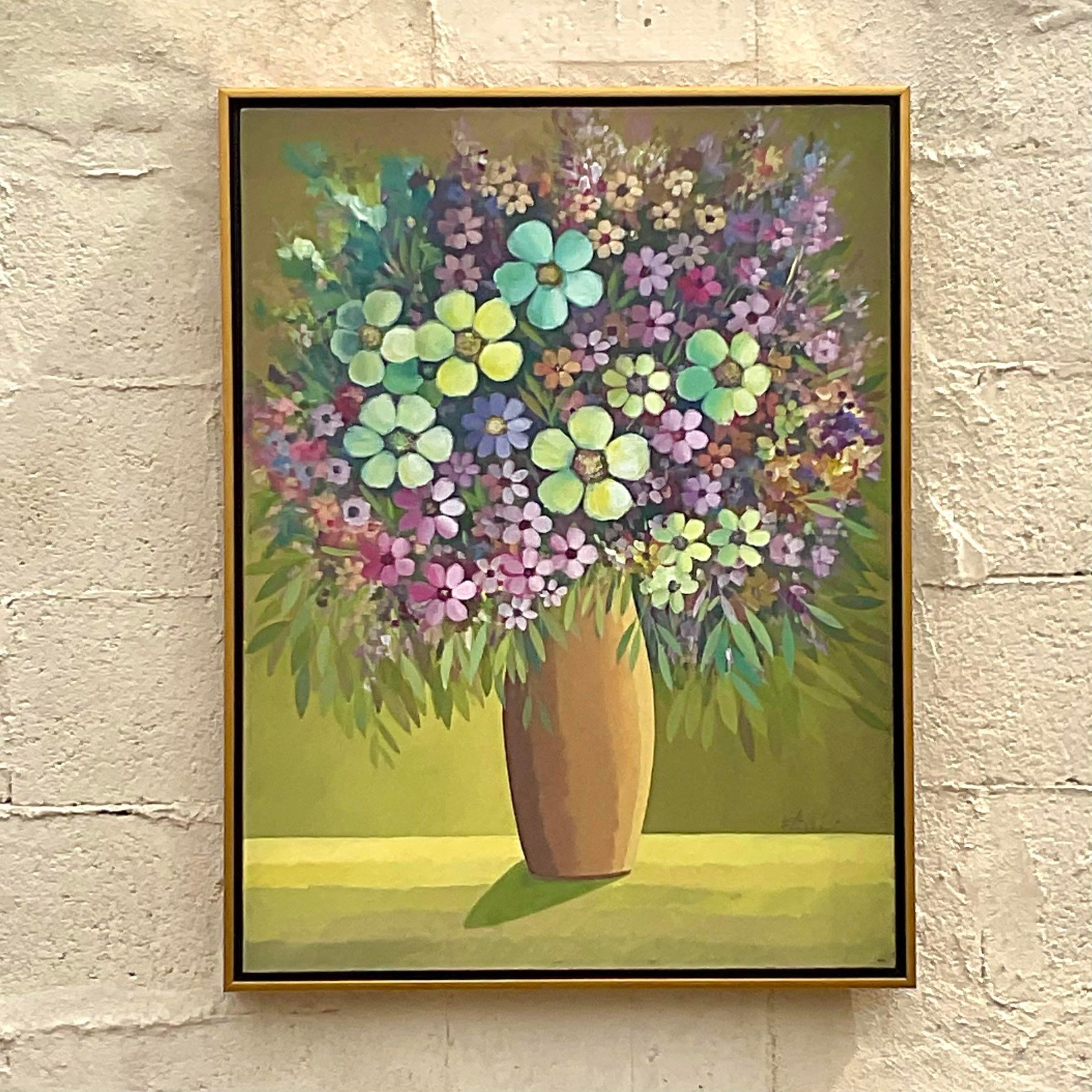 Vintage Boho Signed Original Floral Oil Painting on Canvas In Good Condition For Sale In west palm beach, FL