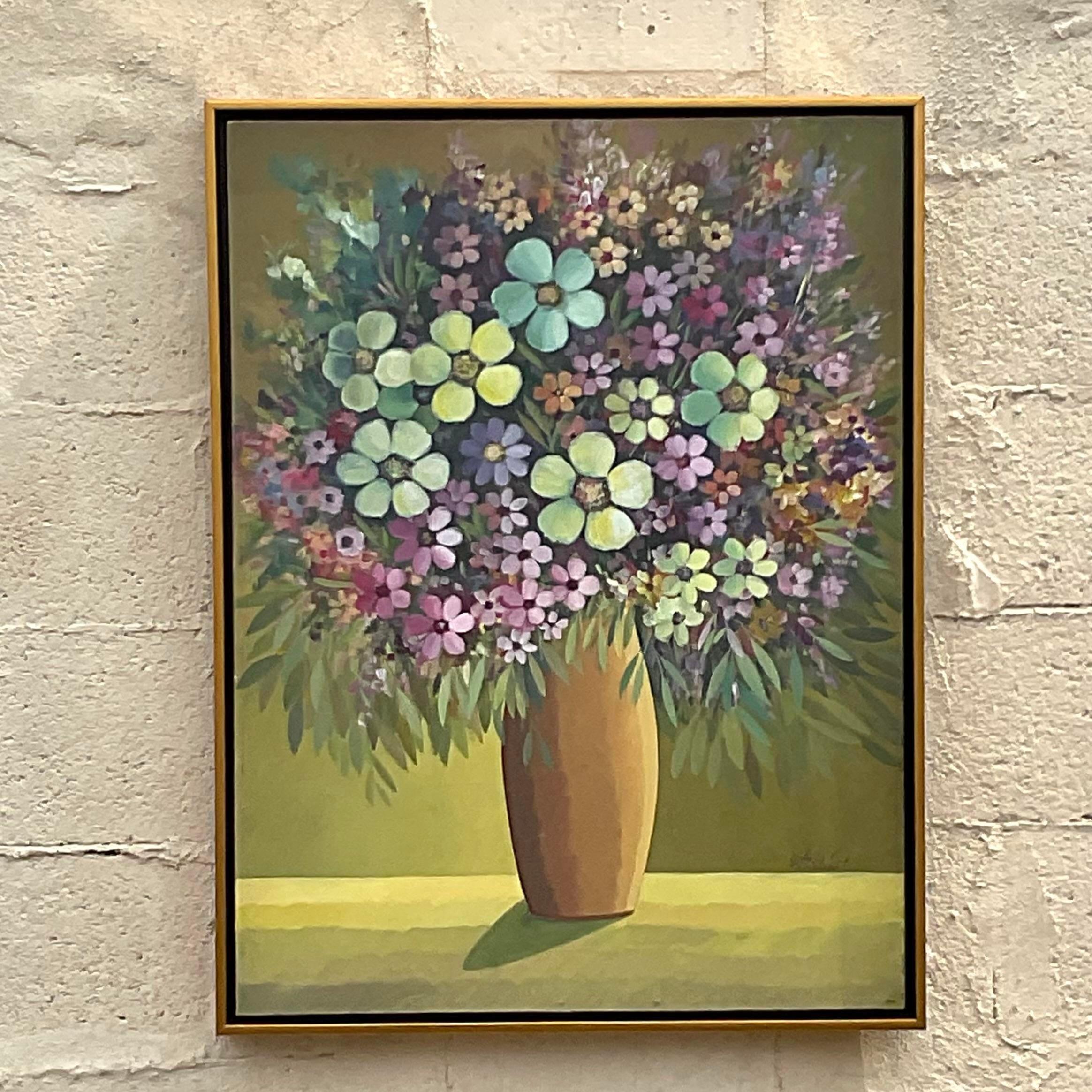 Vintage Boho Signed Original Floral Oil Painting on Canvas For Sale 1