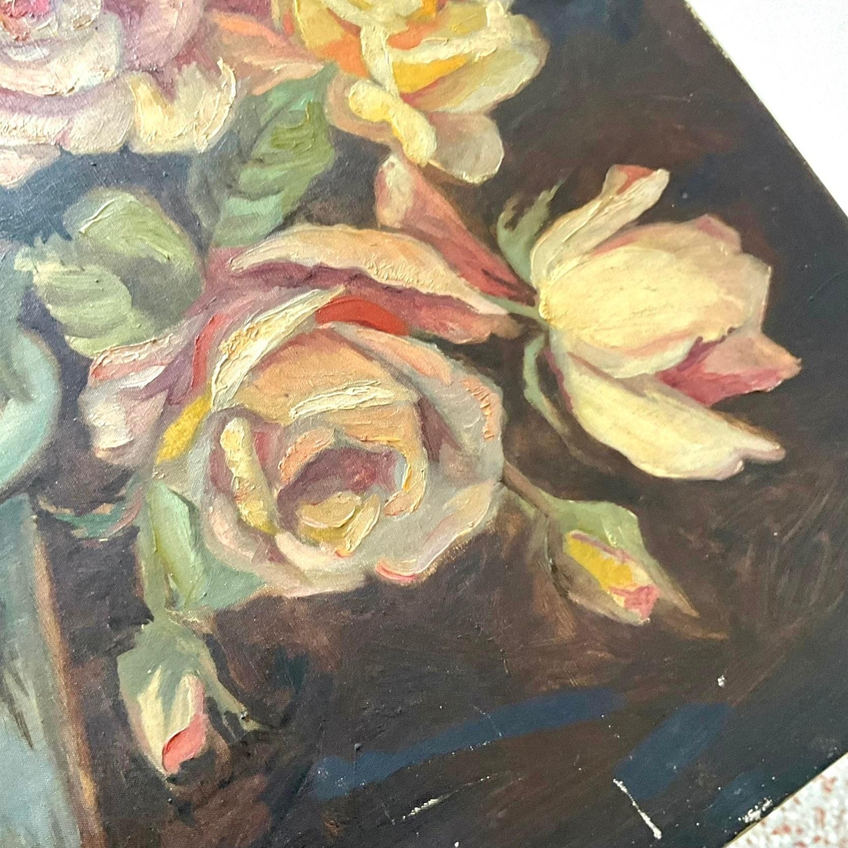 Toile Peinture à l'huile originale à fleurs sur toile vintage signée Boho en vente