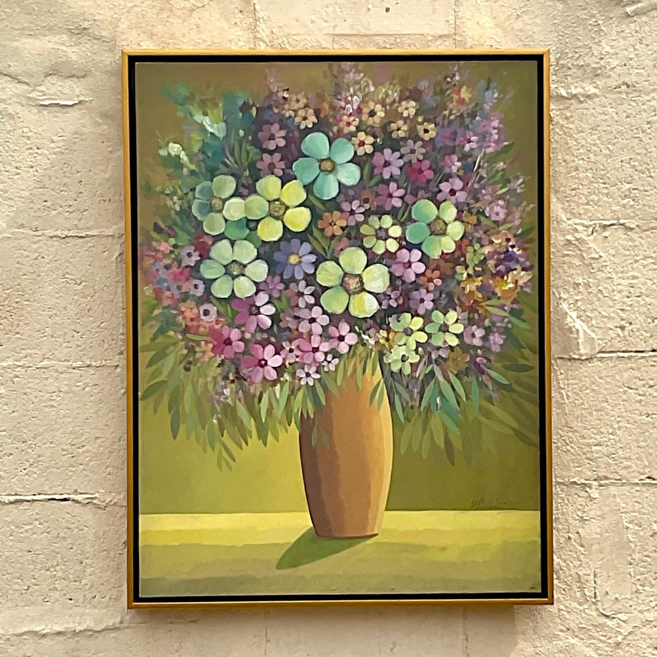 Peinture à l'huile originale à fleurs sur toile vintage signée Boho en vente 2