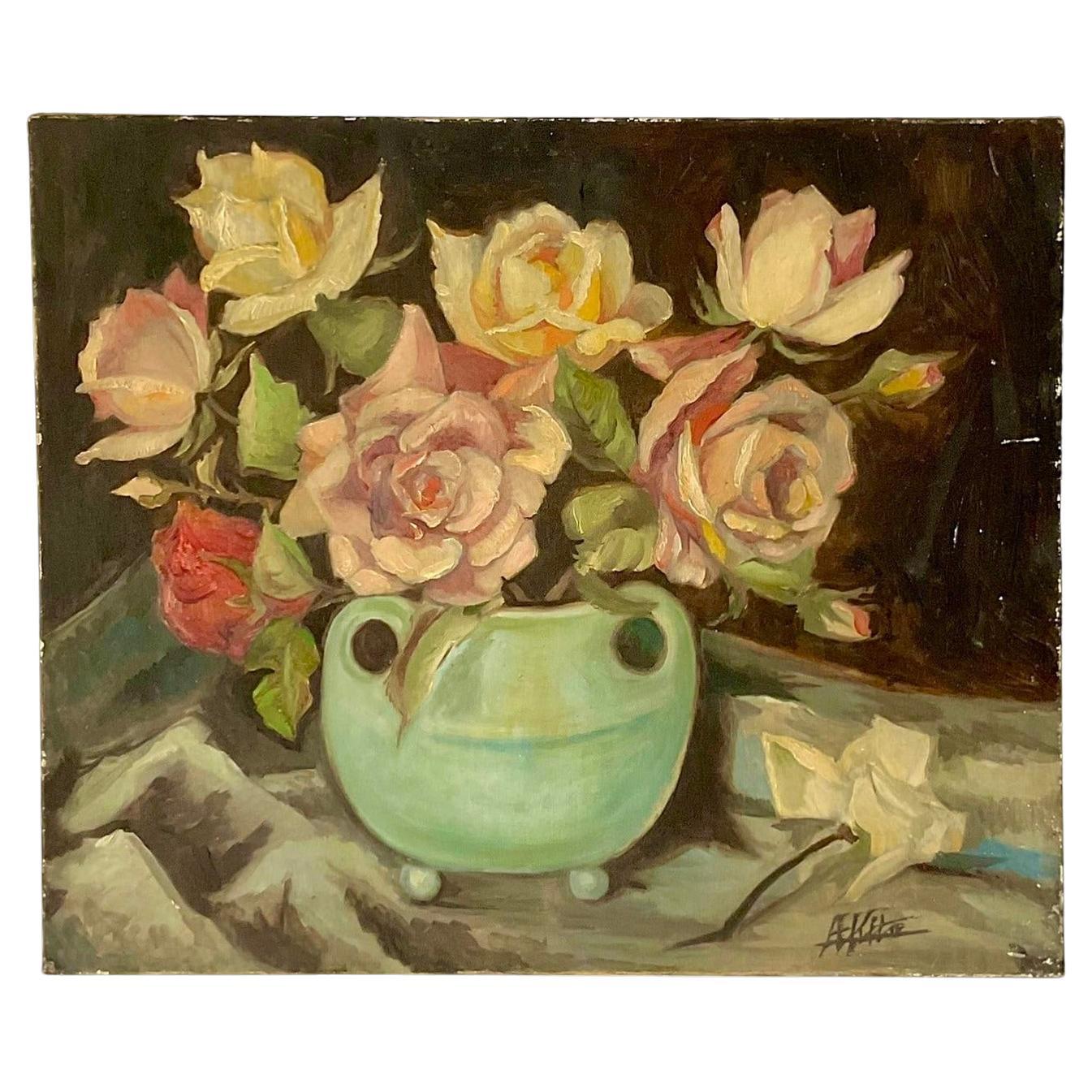 Vintage Boho Signed Original Floral Oil Painting on Canvas For Sale