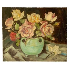 Antique Boho Signed Original Floral Oil Painting on Canvas
