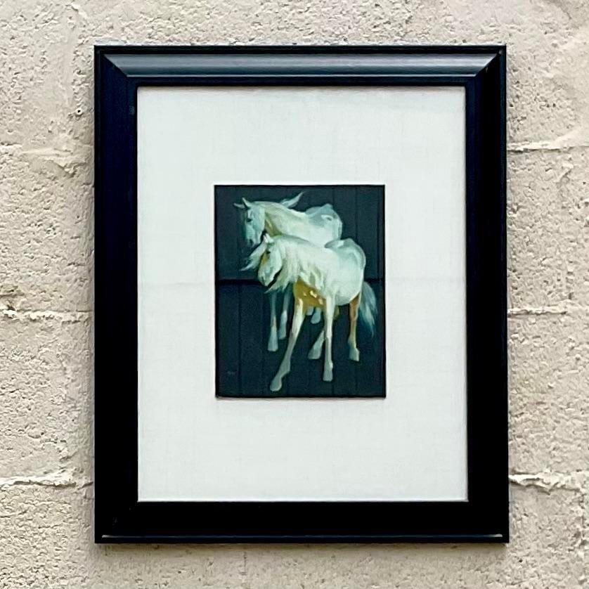 A stunning vintage Boho original oil painting on board. A chic composition of horses in deep rich colors. Signed by the artist. Acquired from a Palm Beach estate. 