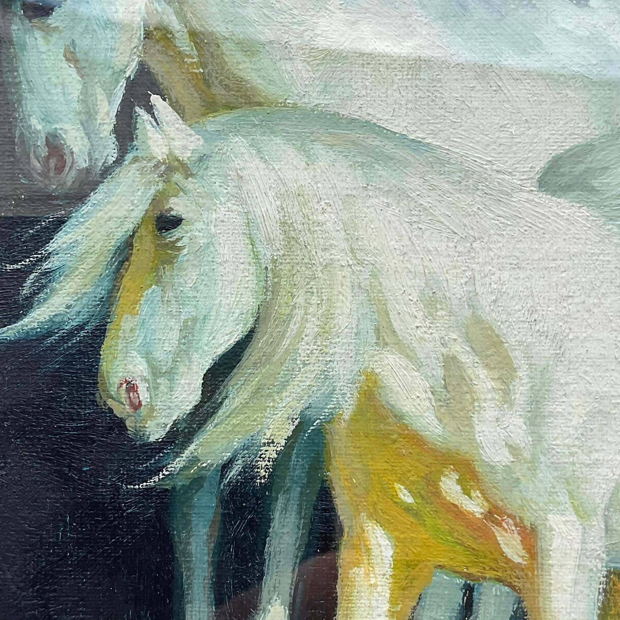American Vintage Boho Signed Original Horses Oil Painting on Board For Sale
