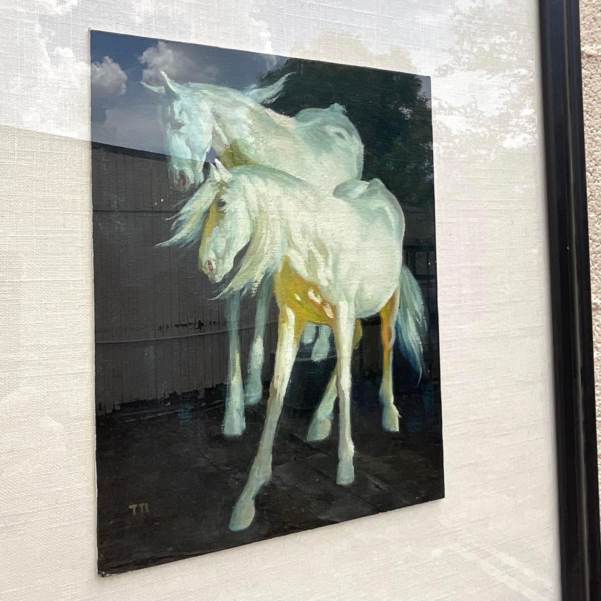 Vintage Boho Signed Original Horses Oil Painting on Board For Sale 2