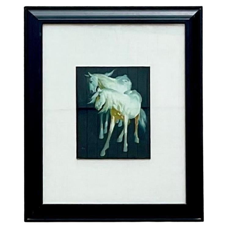 Peinture à l'huile sur panneau vintage signée Boho Original Horses