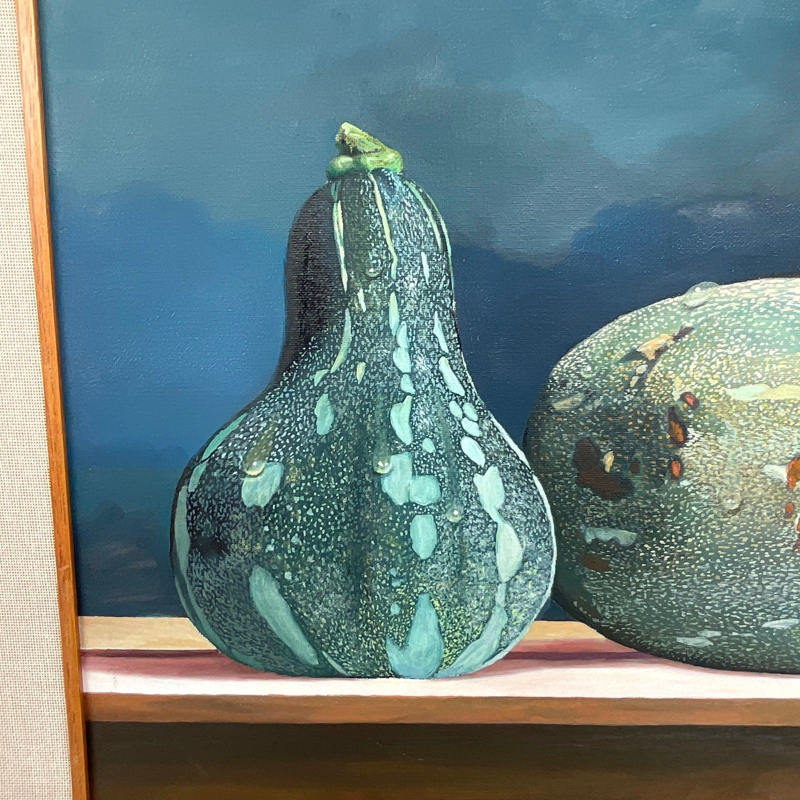 A spectacular vintage Boho Original Oil painting on canvas. A chic hyper realistic Still life composition of two gourds. Signed by the artist Lopez. Acquired from a Palm Beach estate.
