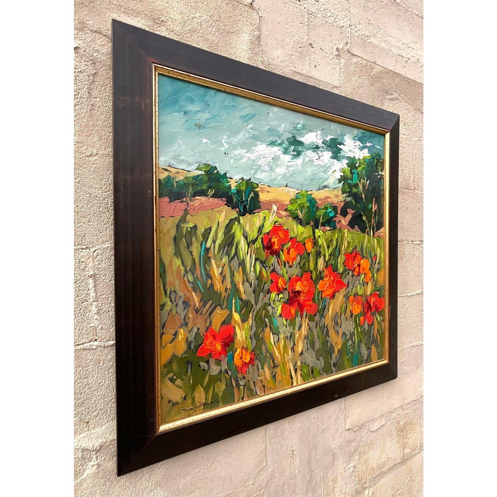 A fabulous vintage Boho original oil painting. A chic pastoral landscape scene with gorgeous color. Signed by the artist. Acquired from a Palm Beach estate.