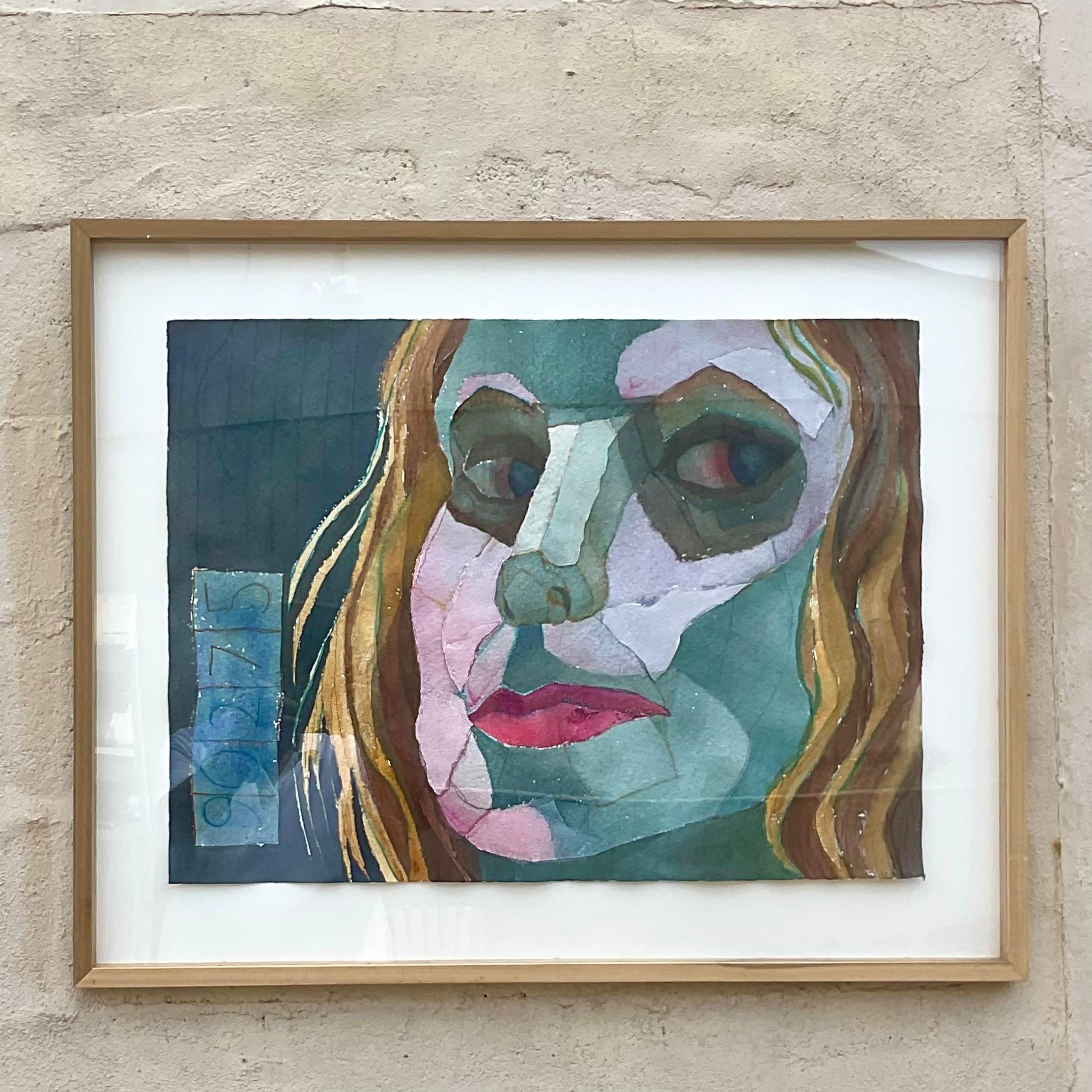A fantastic vintage Boho original mixed media painting. A stunning portrait done in paints, torn paper and watercolors. Signed by the artist. Acquired from a Palm Beach estate. 