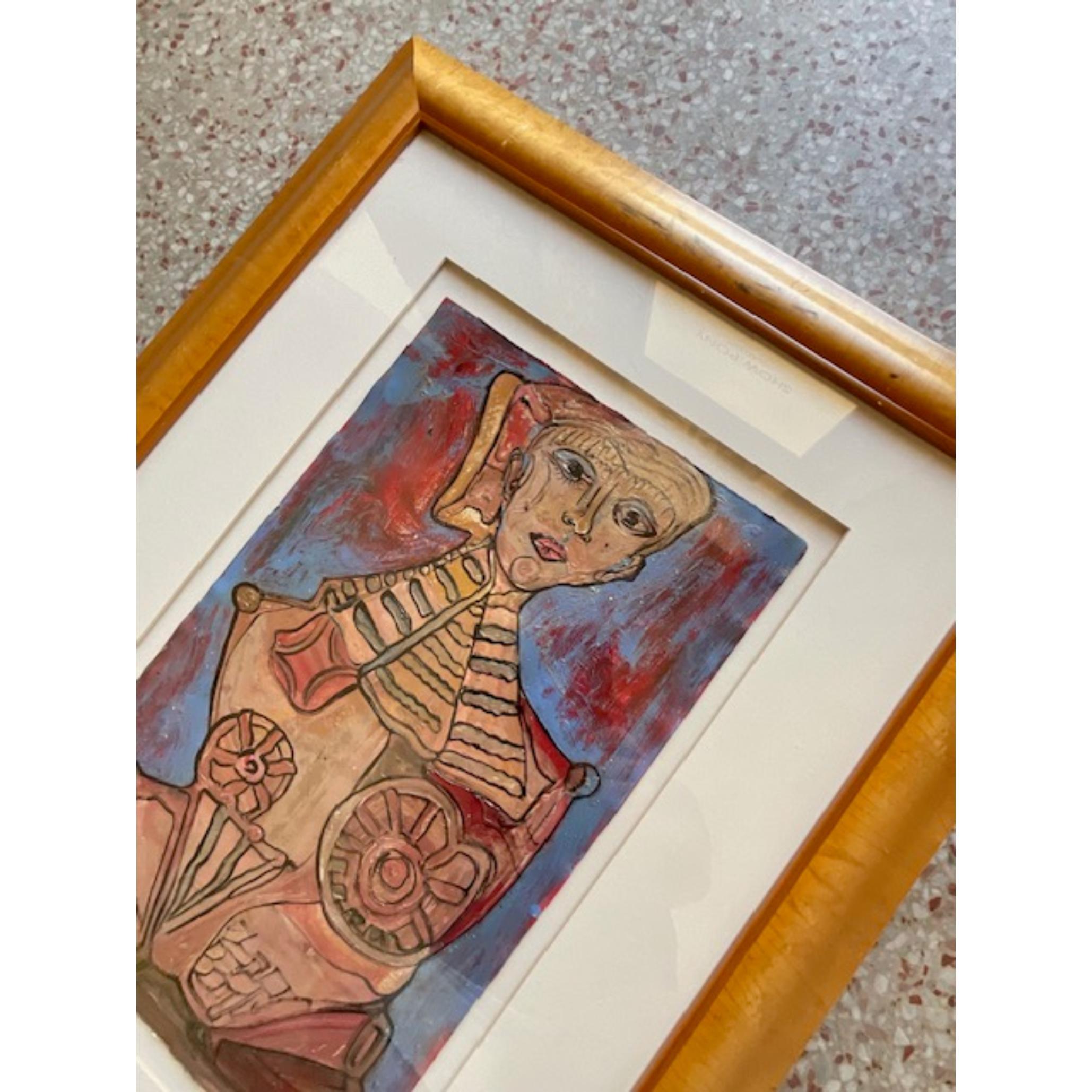 A striking vintage Boho original oil painting on paper. A chic Abstract Figural of a woman. Signed and dated by the artist 1980. Acquired from a Miami estate.