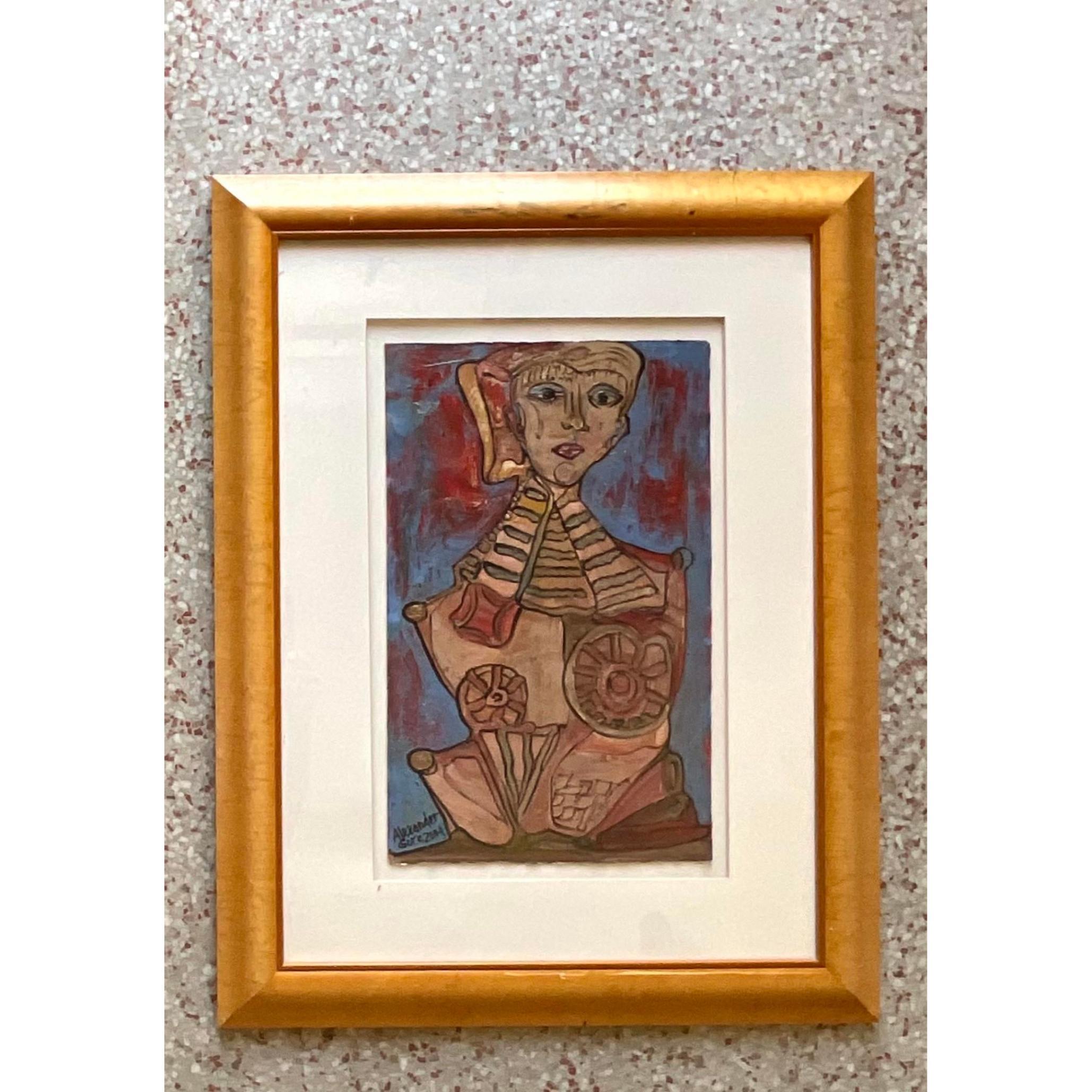 Glass Vintage Boho Signed Original Oil Abstract Figural of Woman For Sale
