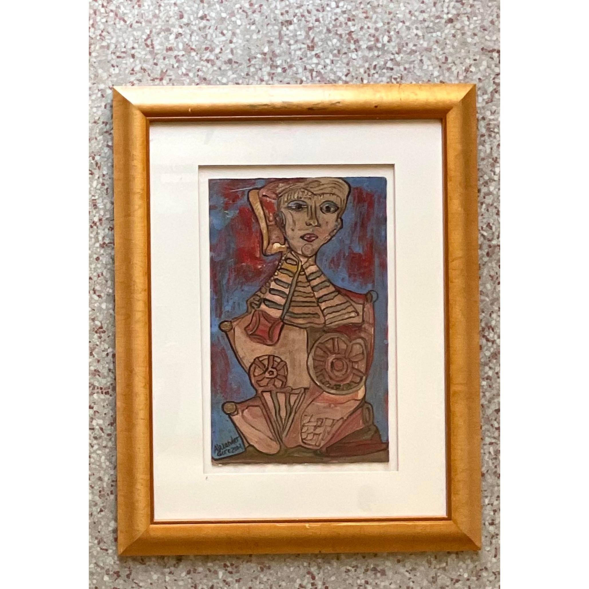 Vintage Boho Signed Original Oil Abstract Figural of Woman For Sale 1