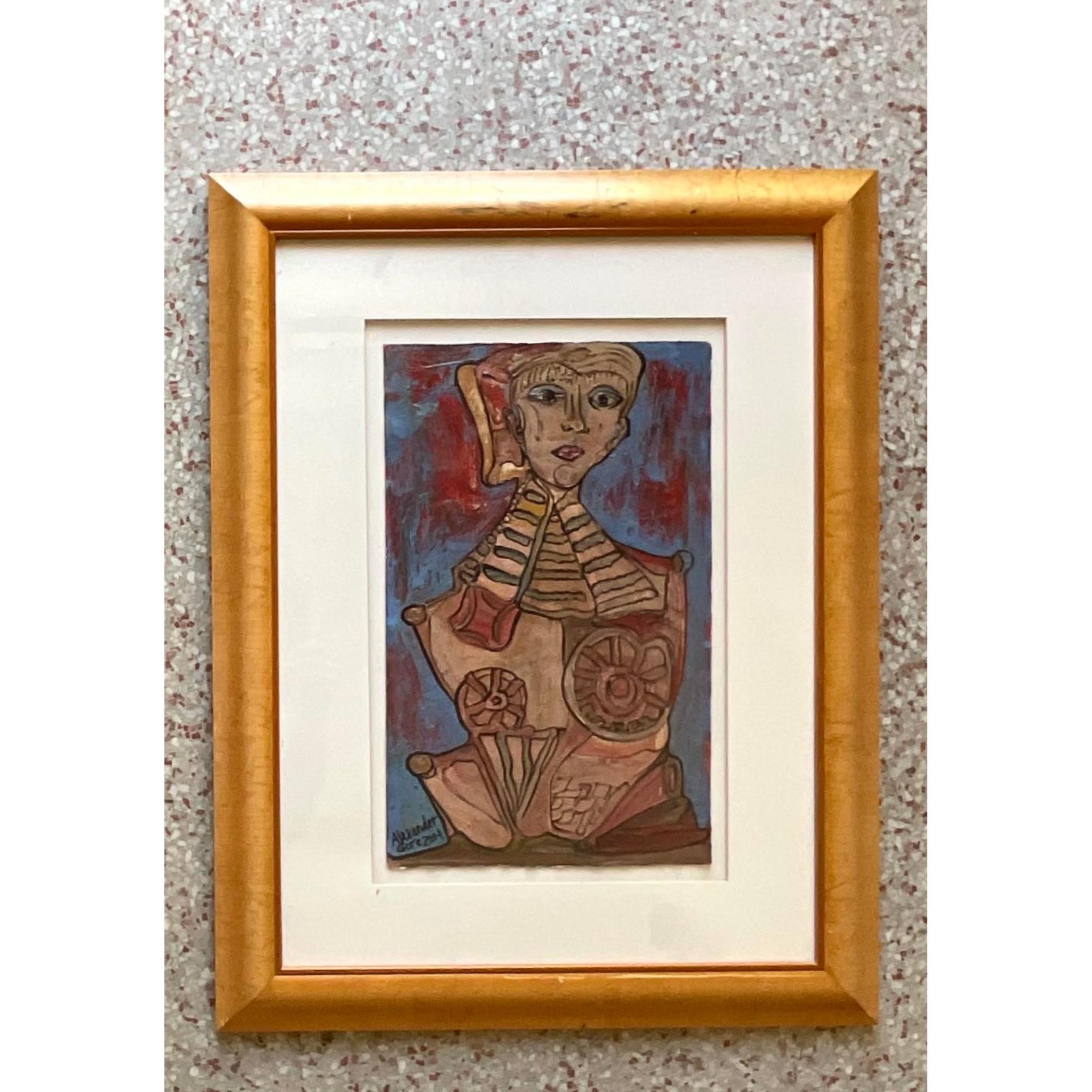 Vintage Boho Signed Original Oil Abstract Figural of Woman For Sale 2