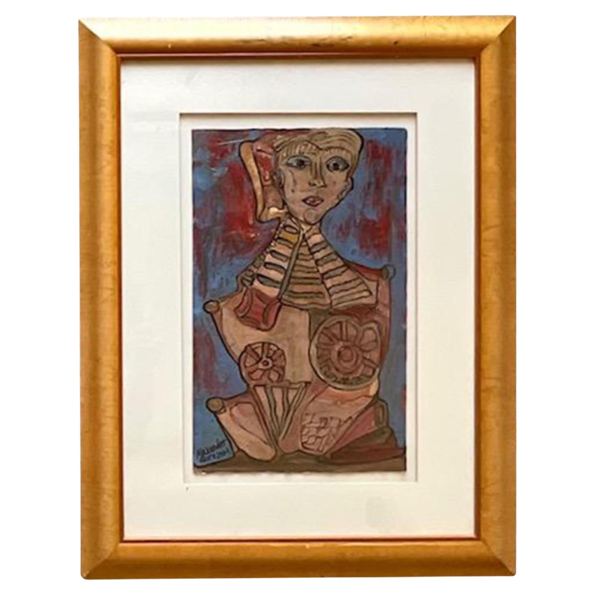 Vintage Boho Signed Original Oil Abstract Figural of Woman For Sale