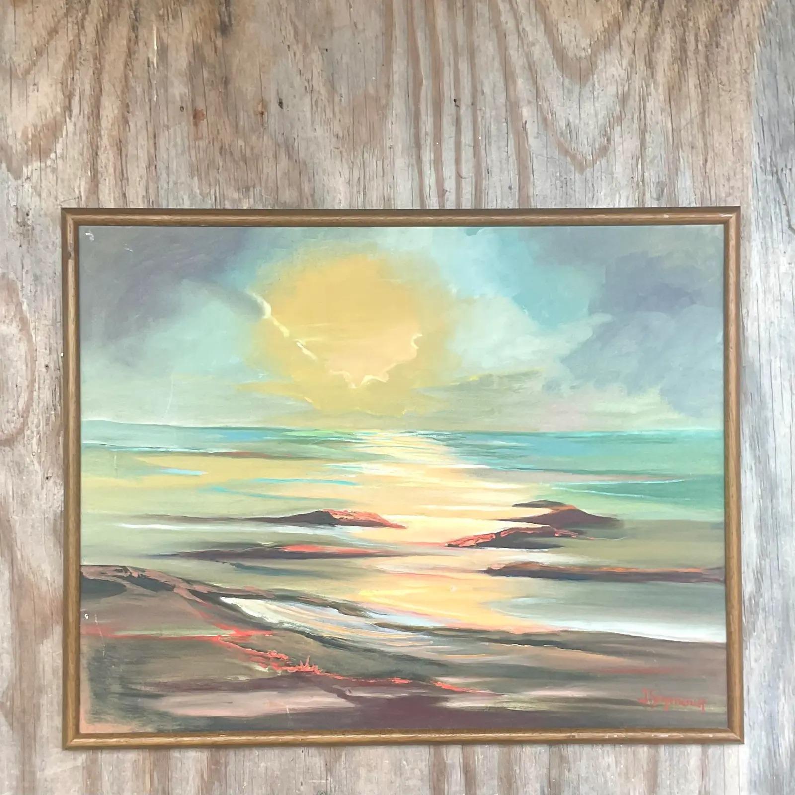 A stunning vintage original oil painting on canvas. A beautiful sea scape at sunset. A brilliant color composition. Signed by the artist. Acquired from a Palm Beach estate.