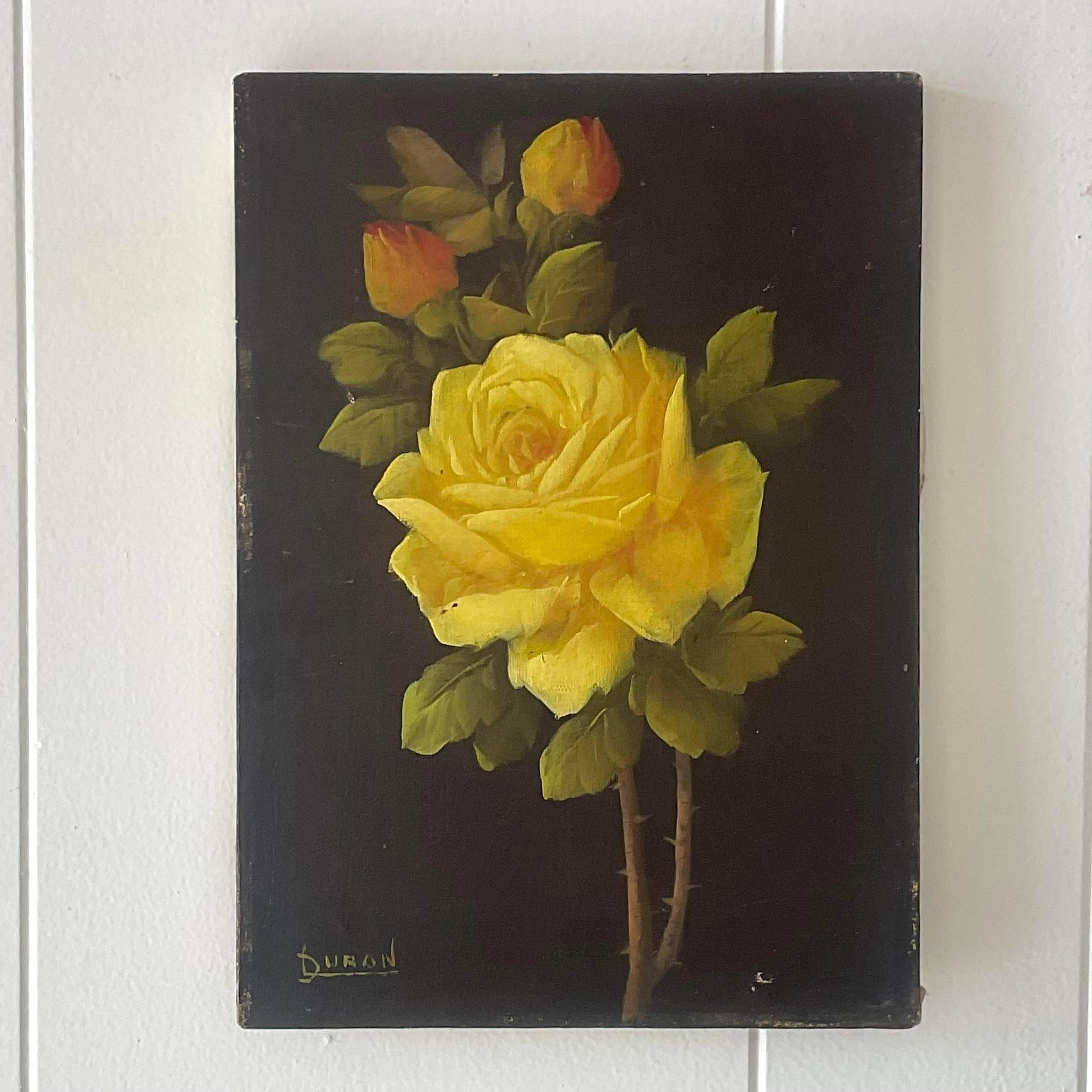 A fabulous vintage original oil painting on canvas. A chic single yellow rose on a dark background. Signed by the artist. Just waiting for you to add your favorite frame. Acquired from a Palm Beach estate. 