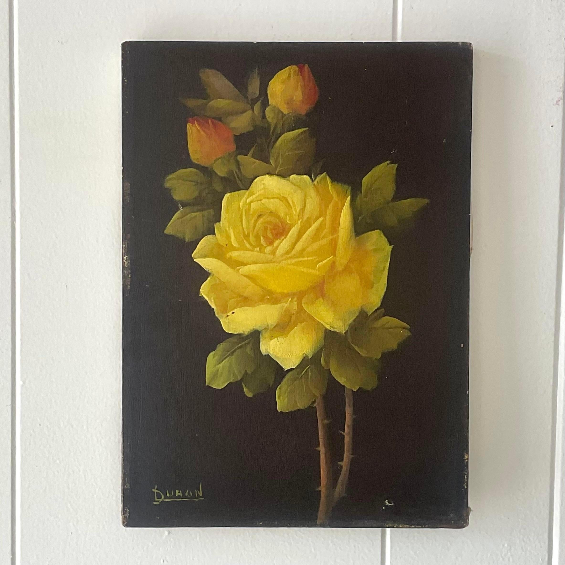 Vintage Boho Signed Original Oil on Canvas of Rose In Good Condition For Sale In west palm beach, FL