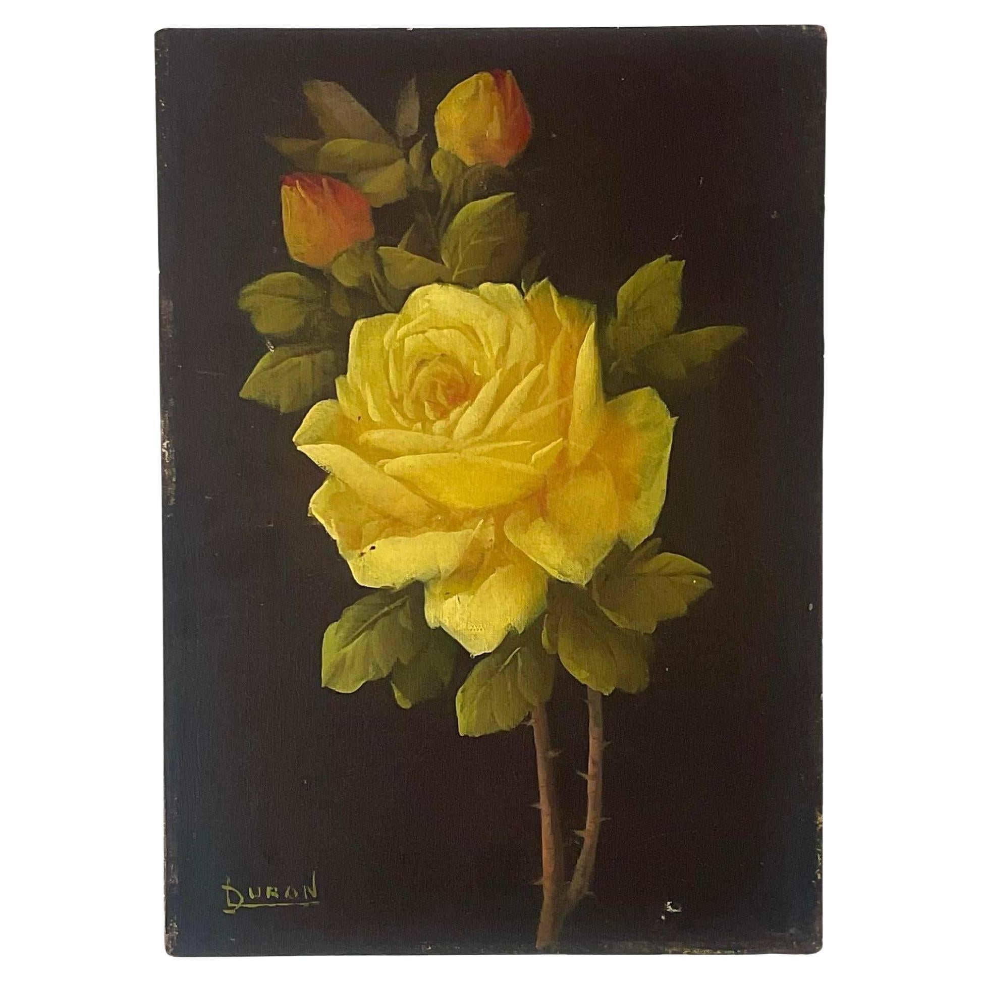 Vintage Boho Signed Original Oil on Canvas of Rose For Sale